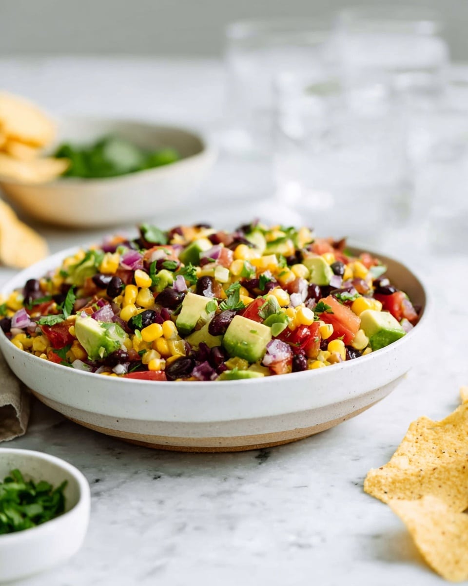 A white round bowl filled with a colorful mix of chopped bright yellow corn, dark black beans, red diced tomatoes, light green avocado cubes, finely chopped red onion, and fresh green cilantro mixed evenly together, showing a fresh and chunky texture. The bowl is placed on a white marbled surface with some scattered tortilla chip pieces around it, and in the background, there is a smaller white bowl with green herbs and two blurred clear glasses of water. photo taken with an iphone --ar 4:5 --v 7