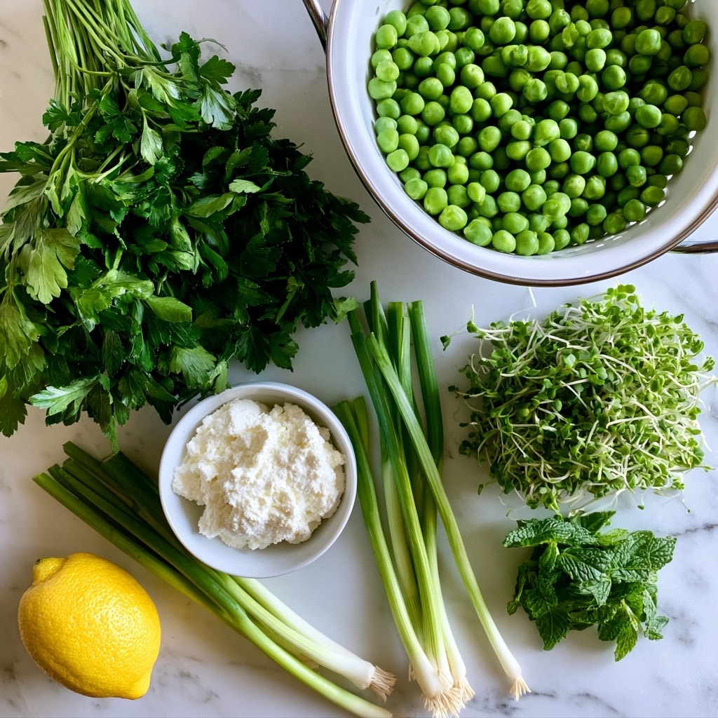A top-down view of fresh ingredients on a white marbled surface, featuring a large bunch of dark green parsley on the left side, a white colander filled with bright green English peas near the top right, and a small white bowl containing soft, white ricotta cheese near the bottom left. Below the parsley are long, slender green onions with light green and white bases. A bright yellow lemon is placed at the bottom left corner. To the right of the ricotta cheese is a dense bunch of small green sprouts, and below these is a small cluster of fresh, dark green mint leaves. The arrangement is neat, with each ingredient clearly visible and separated, all labeled with simple black text. Photo taken with an iphone --ar 4:5 --v 7