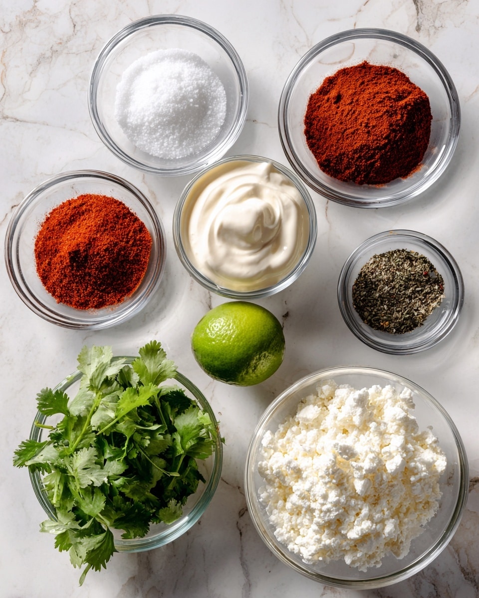 The image shows eight clear glass bowls and one white bowl arranged neatly on a white marbled surface, each containing different ingredients with labels in black text next to or above them. From top left moving clockwise, there is a small bowl with coarse white salt, a bowl with deep red ancho chili powder, a bowl of white creamy mayo, a tiny bowl with black pepper, a clear bowl with thick white Mexican crema, a whole bright green lime, a clear bowl with dark red smoked paprika, a large clear bowl with white crumbly cotija cheese, and the small white bowl in the center holds fresh chopped green cilantro leaves. The ingredients are spaced evenly and clearly visible. Photo taken with an iphone --ar 4:5 --v 7