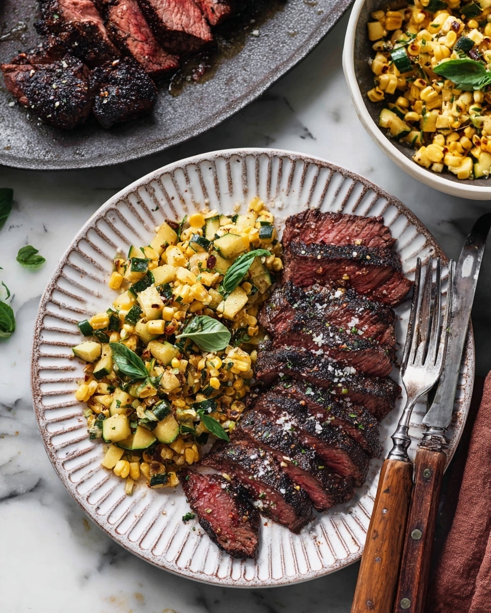 A white plate with ridged edges holds two main layers: on the right side, several slices of grilled steak with a dark, charred crust and a juicy pink inside are arranged in a semi-fan shape, sprinkled lightly with coarse salt and small green herb bits; on the left side, there is a colorful mix of yellow corn, diced green zucchini, and white pieces of onion, topped with fresh green basil leaves, all slightly sautéed and mixed together. A rustic fork and knife with wooden handles rest on the right edge of the plate. In the background on a white marbled surface, there is a dark gray platter with more sliced grilled steak, and a white bowl partially showing a similar corn and vegetable mix. Photo taken with an iphone --ar 4:5 --v 7