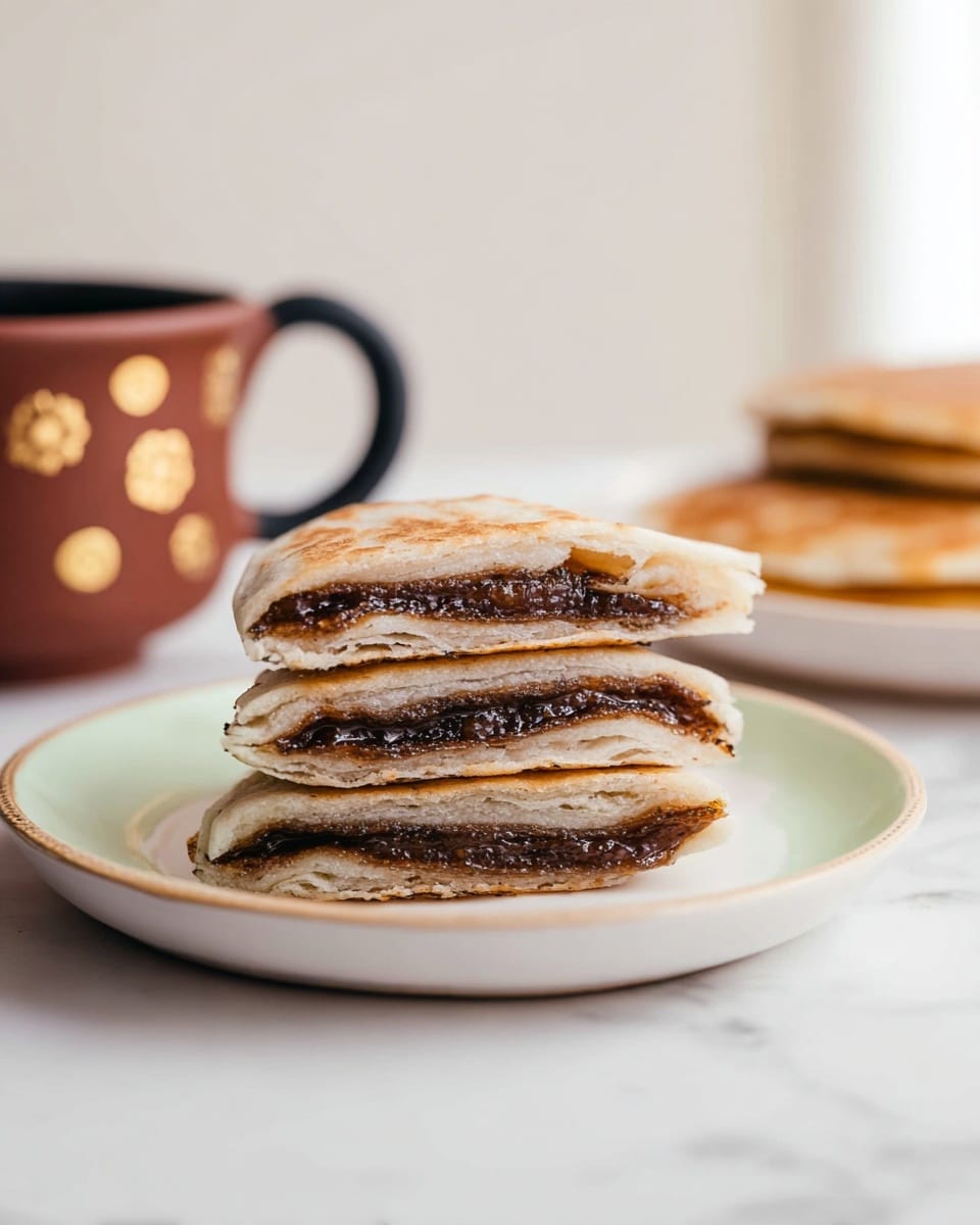 A stack of four folded flat cakes with a thick dark brown filling inside is placed on a white plate with a pale green interior, sitting on a white marbled surface. The flat cakes are light beige with a slightly toasted edge, each folded in half to hold the filling, forming a neat vertical pile. In the blurry background to the left, there is a brown ceramic cup with a black handle and gold dot designs, and to the right, part of another white plate with more golden flat cakes can be seen. The overall setting is bright and clean with soft natural light. photo taken with an iphone --ar 4:5 --v 7