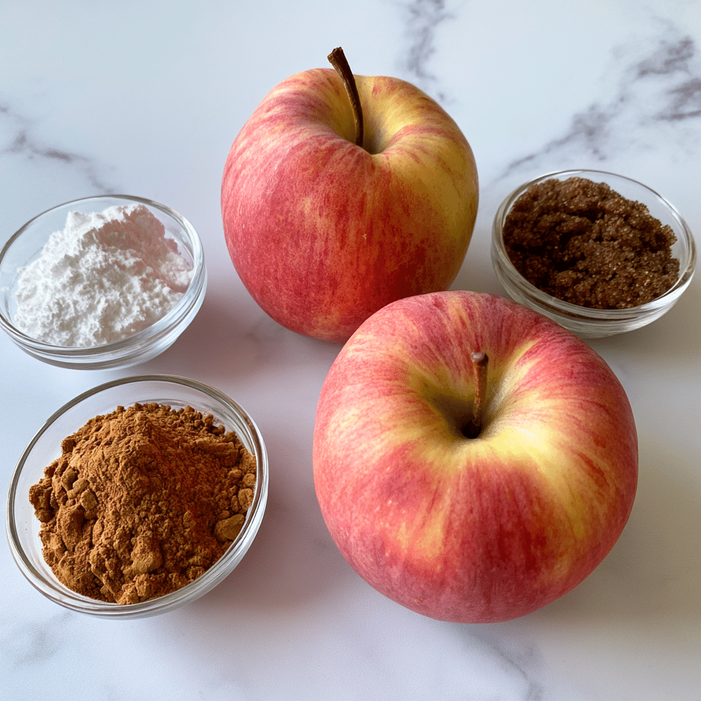 The image shows two whole red apples with shades of pink and yellow placed on a white marbled surface. Around the apples are three small clear glass bowls, each containing a different ingredient: cinnamon powder with a light brown color, powdered sugar which is white and fluffy, and brown sugar which is dark brown with a coarse texture. The setup is simple and clean, with each ingredient clearly visible and neatly arranged around the apples. Photo taken with an iphone --ar 4:5 --v 7