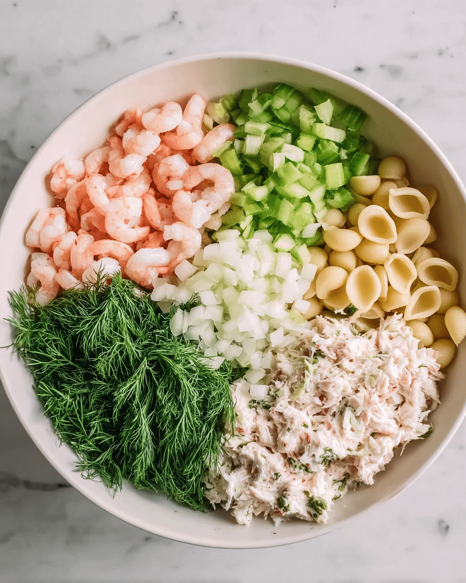A white bowl sits on a white marbled surface filled with six different ingredients arranged in separate sections. Starting from the left, there are small pink shrimp with a soft texture. Next to the shrimp is a pile of chopped green celery pieces with a crunchy look. Above the celery is a stack of finely chopped white onions. To the right of the onions, pale yellow cooked pasta shells are neatly placed. Below the pasta shells is a bunch of fresh green dill with a feathery texture. Finally, next to the dill and shrimp is a mound of creamy white crab meat mixed with spices. The colors and textures create a fresh and vibrant mix in the bowl photo taken with an iphone --ar 4:5 --v 7
