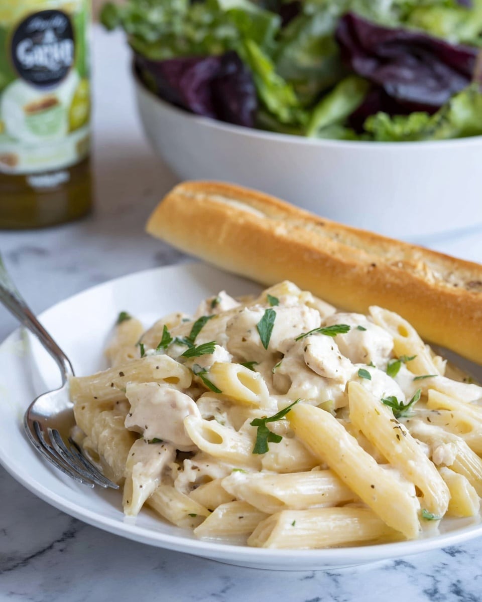 A close-up view of creamy pasta in a black bowl, showing a layer of pale yellow penne pasta coated with a smooth, thick white sauce, with small pieces of white chicken mixed in. The dish is garnished with bright green chopped herbs scattered evenly on top. Silver tongs are partially inserted into the pasta on the right side, resting on the bowl's edge. The background features a white marbled surface. photo taken with an iphone --ar 4:5 --v 7
