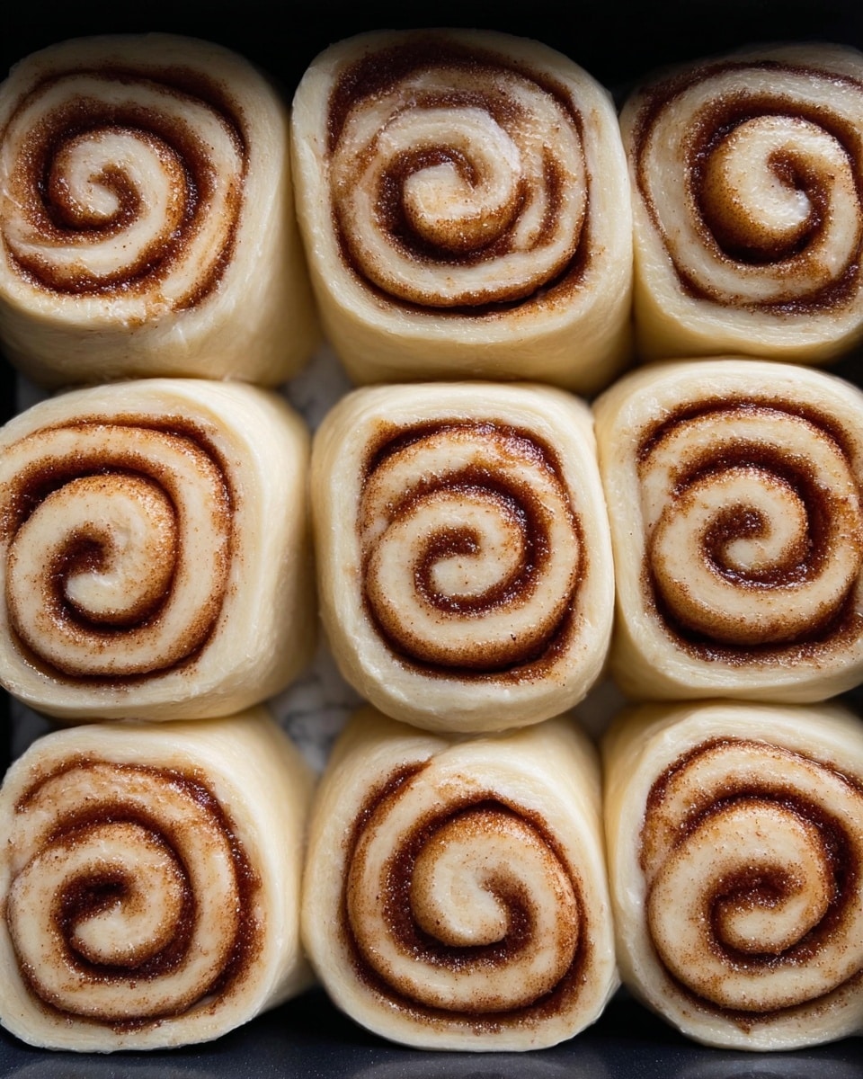 The image shows twelve raw cinnamon rolls arranged in a tightly packed 3x4 grid inside a dark pan. Each roll has a smooth, pale dough exterior with a visible spiral of brown cinnamon sugar filling that curls inward from the edges to the center. The dough looks soft and slightly puffy, with a subtle shine indicating it's ready to bake. The cinnamon filling has a fine, slightly grainy texture that contrasts with the smooth dough layers. The background around the pan is a white marbled surface. photo taken with an iphone --ar 4:5 --v 7
