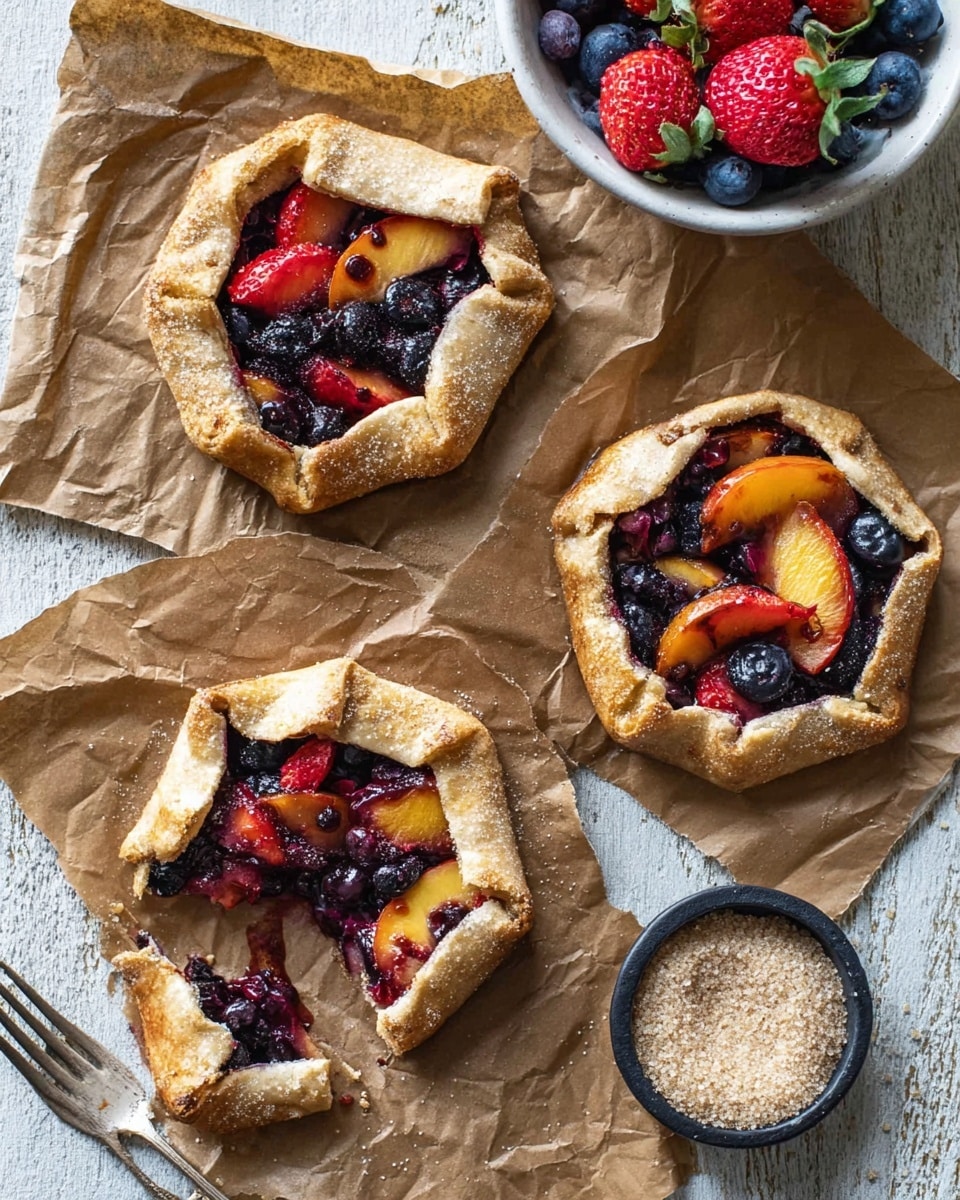 Three small fruit galettes with golden brown crusts are placed on crumpled brown parchment paper on a white marbled surface. Each galette has a thick, folded crust holding a colorful filling of dark blueberries, bright orange peach slices, and red strawberry pieces. The lowest galette is broken in half, showing juicy dark purple filling inside. To the right of the galettes is a small white bowl filled with fresh strawberries and blueberries, and near it is a small black bowl with light brown sugar. A silver fork with some berry juice stains is placed near the bottom right corner. Photo taken with an iphone --ar 4:5 --v 7