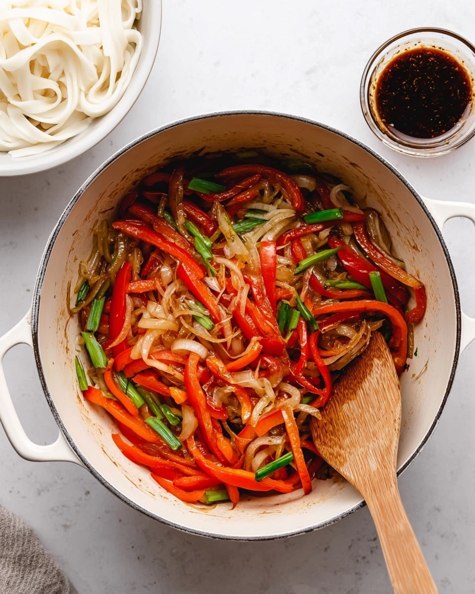 The image shows a white pot with two handles containing cooked vegetables layered in it. The first layer is caramelized brown onions with a soft texture, mixed with long strips of bright red bell peppers. Mixed among these are pieces of green spring onions adding a fresh contrast. A wooden spatula rests inside the pot on the right side, partly touching the vegetables. To the left of the pot, there is a white bowl with white flat noodles that have a smooth, shiny texture, and to the top right, a small glass bowl filled with dark brown sauce sits on a white marbled surface. Photo taken with an iphone --ar 4:5 --v 7