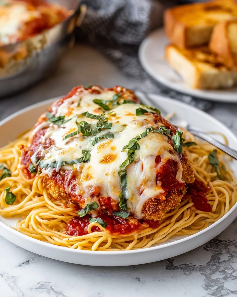 A white plate holds a bed of yellow spaghetti noodles as the first layer. On top of the noodles is a large piece of fried chicken covered in red tomato sauce as the second layer. The third layer is melted white and light golden cheese with small green basil leaves scattered on top. The plate sits on a white marbled texture surface with blurred toasted bread and a metal pan in the background. photo taken with an iphone --ar 4:5 --v 7