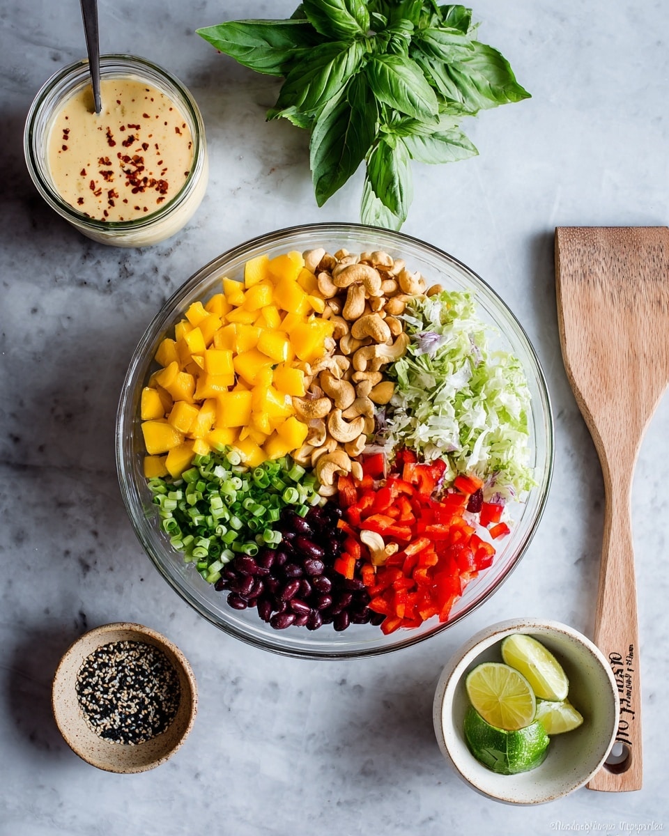 A clear glass bowl filled with a colorful salad featuring several distinct layers: bright yellow diced mango pieces on the top left, brown cashews next to them, chopped white and green leafy vegetables on the right side, vibrant red diced bell peppers at the bottom right, dark purple grains or beans near the mango, and chopped green scallions along the bottom left edge. Near the bowl, on a white marbled surface, there are fresh green basil leaves, a small white bowl with lime wedges, a jar of creamy dressing topped with some red flakes, a small beige bowl with a mix of black and white sesame seeds, and a wooden spatula with branding on the handle. Photo taken with an iphone --ar 4:5 --v 7