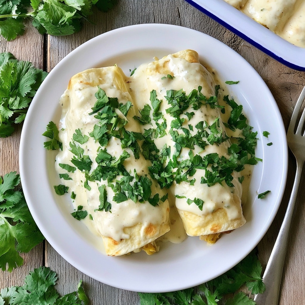 The image shows two rolled enchiladas placed side by side on a white plate. Each enchilada is covered in a thick, creamy white sauce that coats the top and drips slightly down the sides. Bright green fresh cilantro leaves are scattered generously over the sauce, adding color contrast and texture. The white plate sits on a wooden surface with a rustic look, and additional cilantro leaves are spread around the plate. The top corner shows part of a white baking dish with a blue rim, also containing enchiladas covered in white sauce. A silver fork lies near the plate’s edge. The photo taken with an iphone --ar 4:5 --v 7