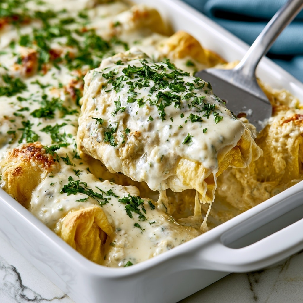 A close-up of rolled enchiladas in a white baking dish showing three layers: the folded light yellow tortillas forming the base, a creamy white sauce layer fully covering the enchiladas, and green chopped fresh herbs scattered on top. A metal spatula lifts one enchilada topped with sauce and herbs, showing soft texture and some sauce dripping on the side. The background is a white marbled texture with a hint of a blue cloth visible. photo taken with an iphone --ar 4:5 --v 7