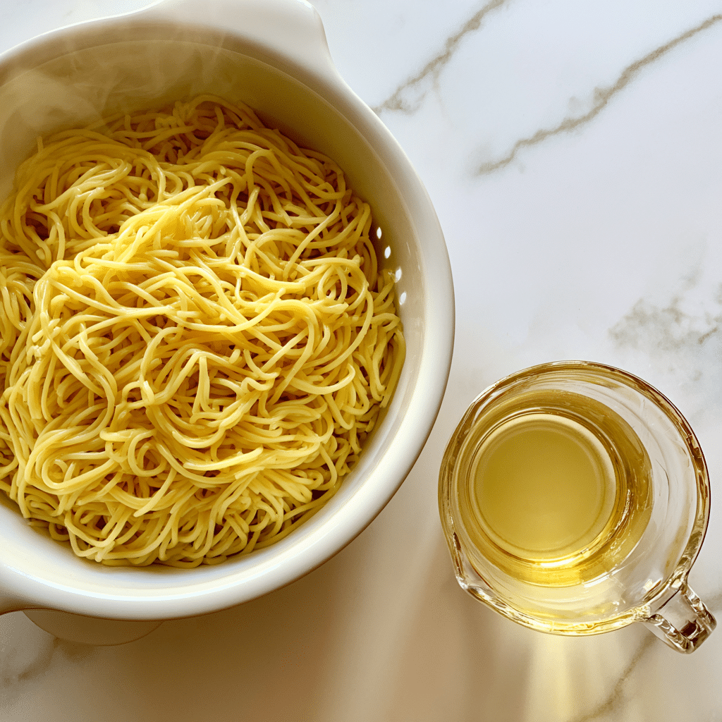 A white colander filled with cooked yellow spaghetti strands sits on a white marbled surface on the left side. To the right, a clear glass measuring cup holds a light yellow liquid, placed on the same white marbled surface. There is light steam rising from the spaghetti, and both items are shown from above with soft natural lighting. photo taken with an iphone --ar 4:5 --v 7