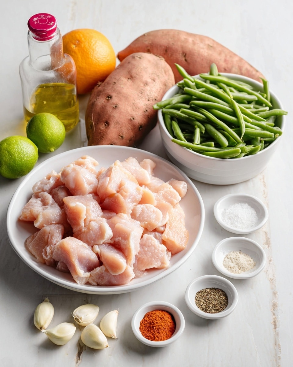 A white plate filled with raw, light pink chicken pieces sits in the front center, next to a white bowl filled with bright green frozen green beans. Behind the bowl are two large light brown sweet potatoes. An orange and a lime are on the left side near a clear glass bottle with a white and red top holding light yellow oil. In front of the plate and bowl are small white dishes with various spices in colors like red, white, black, and brown, along with several peeled garlic cloves scattered on a white marbled surface photo taken with an iphone --ar 4:5 --v 7