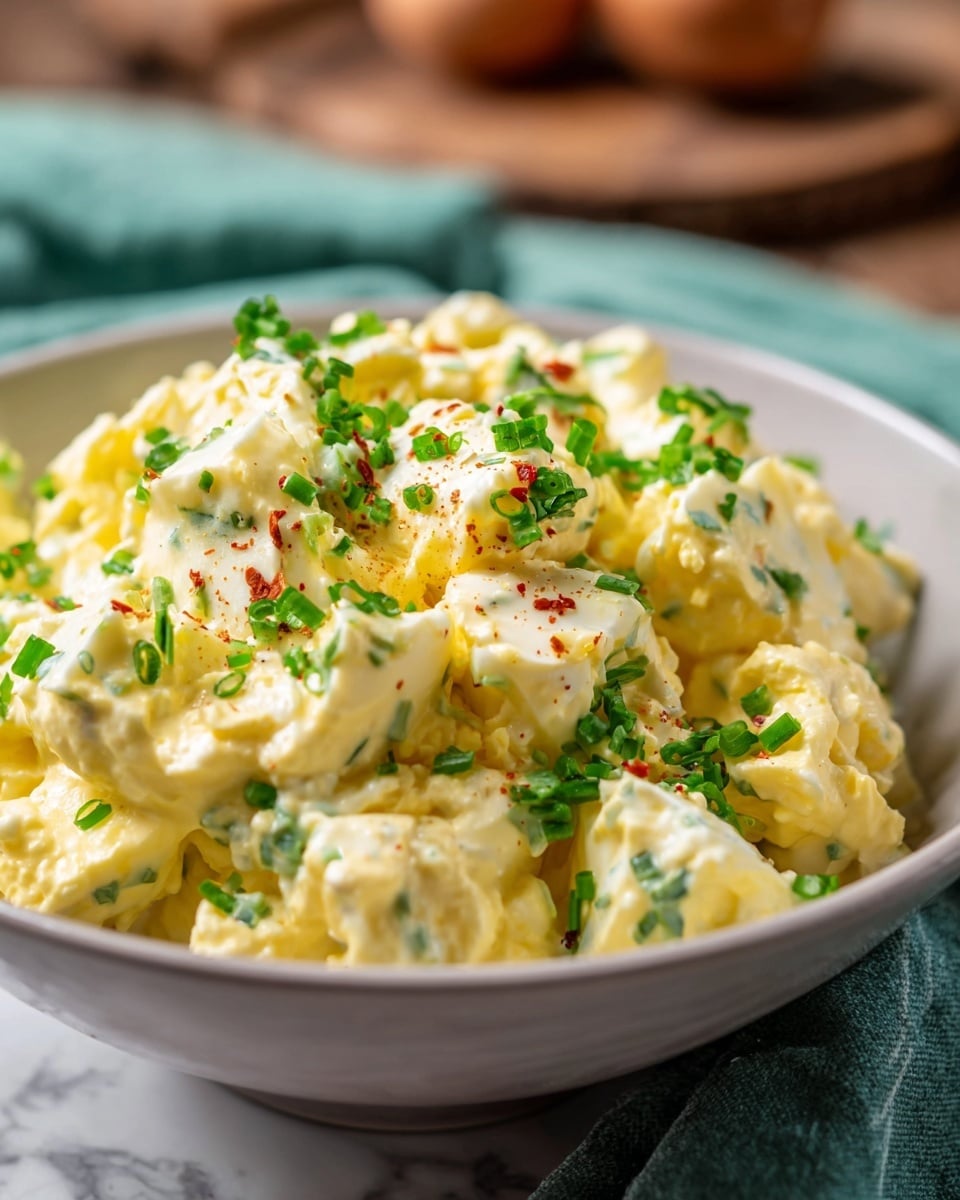 A close-up of creamy egg salad in a white bowl showing chunky pieces of pale yellow eggs mixed with smooth, light yellow mayo. Fresh chopped green herbs are sprinkled on top, adding bright green spots over the salad. Some tiny red pepper flakes add color and texture. The bowl sits on a white marbled surface with a softly blurred background that hints at brown wood and soft green fabric. Photo taken with an iphone --ar 4:5 --v 7