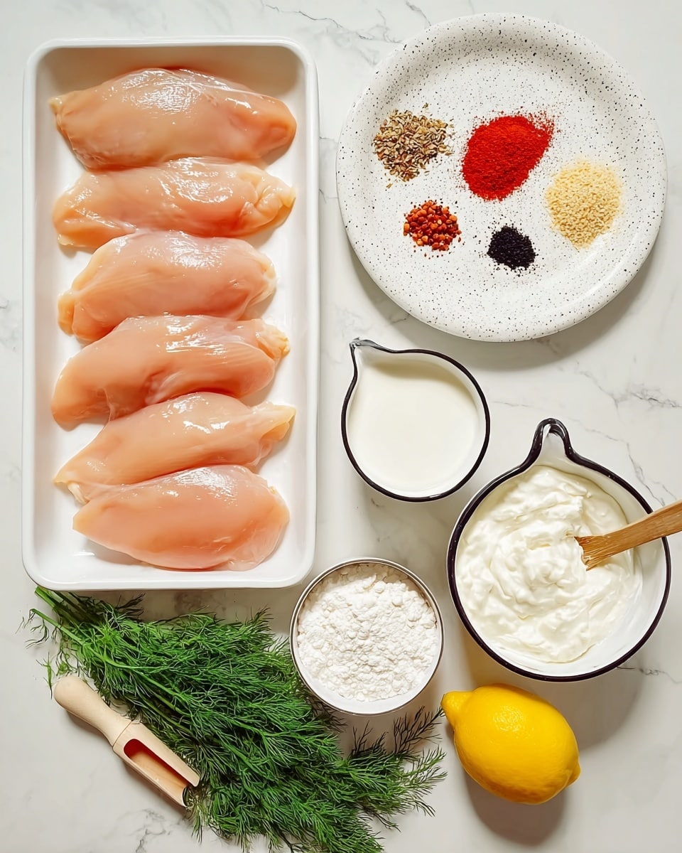 A white tray holds six raw chicken fillets, arranged in two neat rows of three, showing a smooth, pale pink surface with slight shine. To the right, there are two round white plates, one speckled and one plain, each with small piles of colorful spices in red, black, and beige hues. Below these plates, a white measuring cup with a black rim is filled with white buttermilk, and next to it, a small white bowl holds white yogurt-like cream. Below the tray, a fresh bunch of green dill lies beside a small white bowl filled with thick white mayonnaise. A wooden measuring scoop filled with white flour is placed near a whole bright yellow lemon at the bottom. The background is a smooth white marbled surface. photo taken with an iphone --ar 4:5 --v 7