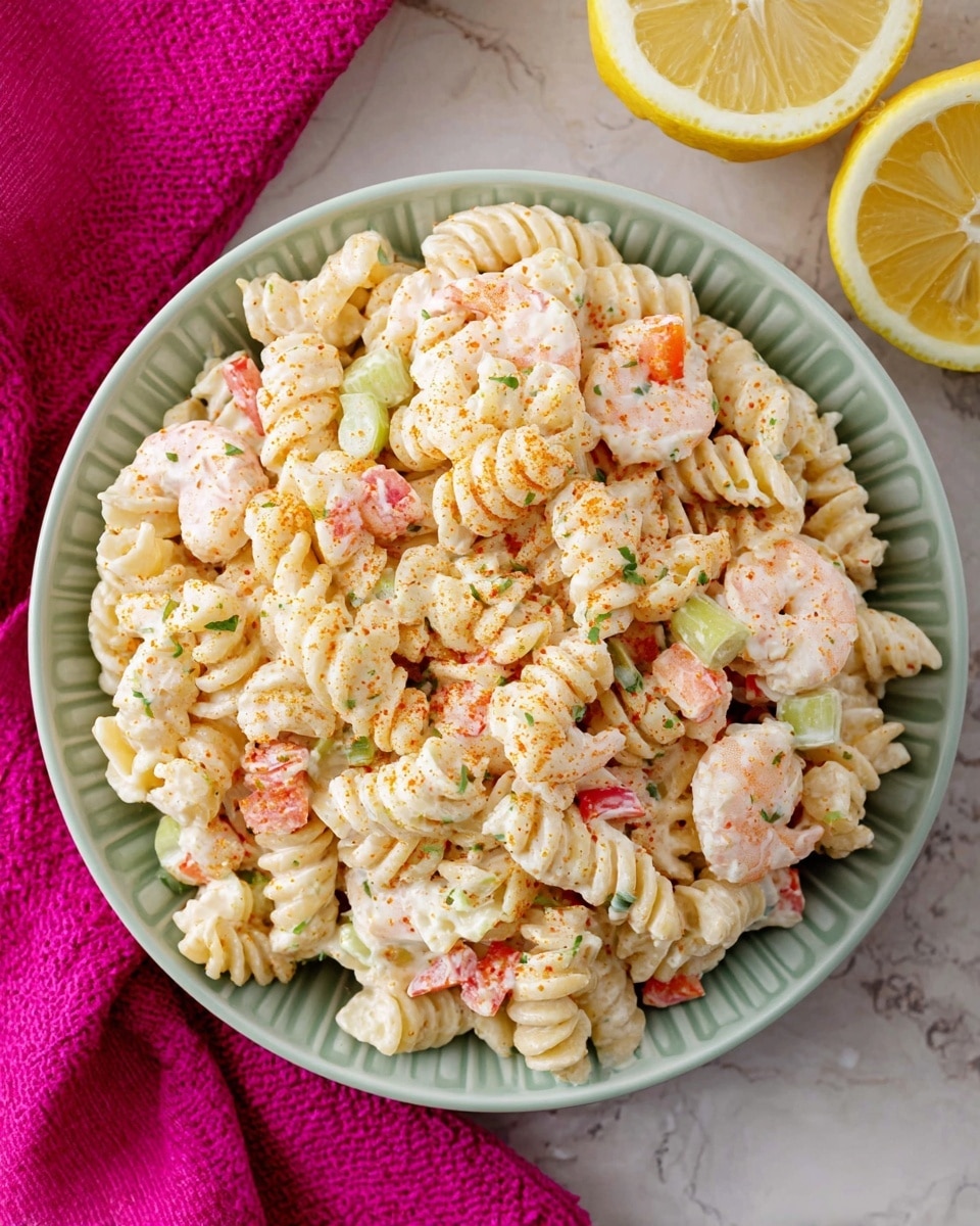 A white bowl filled with a creamy pasta salad made of pale yellow ridged pasta mixed with pink shrimp pieces, small red bell pepper chunks, and light green celery bits all coated in a white creamy sauce. The dish is topped with a light sprinkle of orange-red seasoning and small green herb pieces. The bowl is placed on a surface with a white marbled texture, next to two lemon halves with a bright yellow color, and a vibrant pink cloth is visible near the bowl. Photo taken with an iphone --ar 4:5 --v 7
