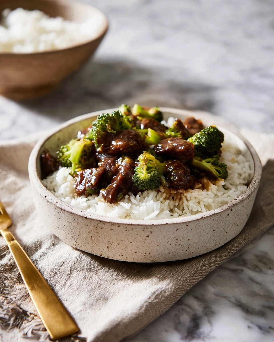 A close-up view of a shallow, round beige bowl with speckled texture holding a layer of white rice at the base, topped with chunks of dark brown beef and green broccoli florets coated in a glossy sauce, arranged in the center of the bowl. The bowl sits on a light beige cloth napkin placed on a white marbled surface. To the left of the bowl, there is a gold knife and fork resting on the napkin. In the blurred background, there is another ceramic bowl of white rice. Soft natural light highlights the textures and colors in the image. Photo taken with an iphone --ar 4:5 --v 7