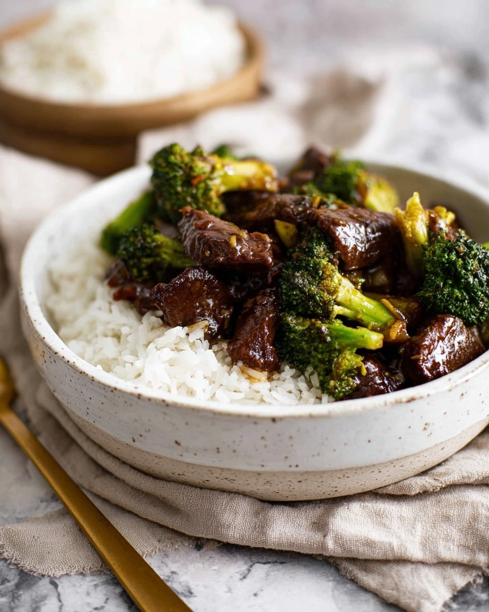 A bowl with a first layer of white rice, soft and fluffy, filling the bottom. On top, there is a second layer of dark brown beef pieces coated in sauce, mixed with fresh green broccoli florets, lightly shiny and glistening. The bowl is white ceramic with light speckles, placed on a soft beige cloth. The background has a textured white marble surface. A golden fork is visible near the bowl, and a blurred bowl of rice is in the back. photo taken with an iphone --ar 4:5 --v 7