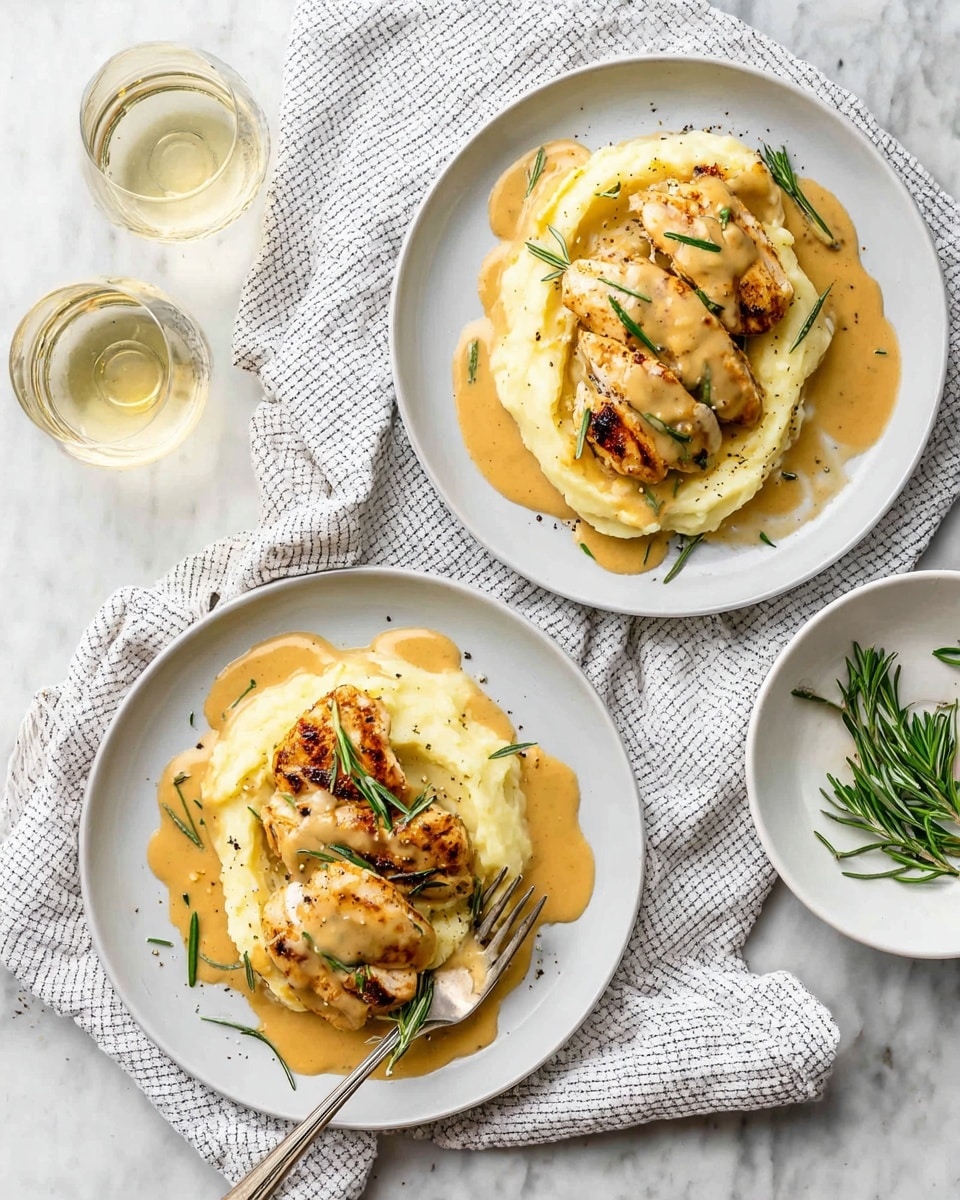 Two white round plates sit on a white marbled surface with a light-colored checked cloth beneath each. On each plate, there is a smooth layer of creamy mashed potatoes in a light yellow shade, with three grilled chicken pieces placed on top. The chicken pieces are golden-brown, slightly charred, and drizzled with thick beige gravy that pools slightly on the potatoes and plate. Small green rosemary sprigs are scattered on the chicken and potatoes, adding a fresh color contrast. Black pepper is lightly sprinkled over the dish. Near the plates, there are clear glasses with white wine and a small white bowl holding more rosemary sprigs. A woman’s hand holds a fork resting on one plate's edge. Photo taken with an iphone --ar 4:5 --v 7