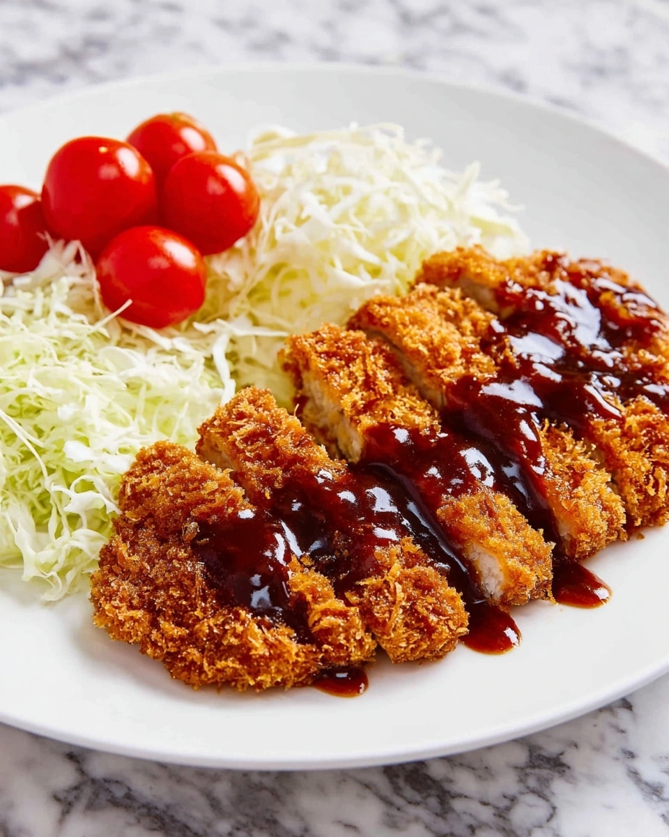 A white plate on a white marbled surface holds a main dish with three layers. The bottom layer is a golden-brown crispy fried food, sliced into strips and arranged in a fan shape across the plate. On top of this is a shiny, thick dark brown sauce drizzled in a line over the fried strips. To the left of this are bright red cherry tomatoes in a small bunch, adding a pop of color. Next to the tomatoes is a side of thinly shredded white cabbage, neatly piled with a light, airy texture. The photo taken with an iphone --ar 4:5 --v 7