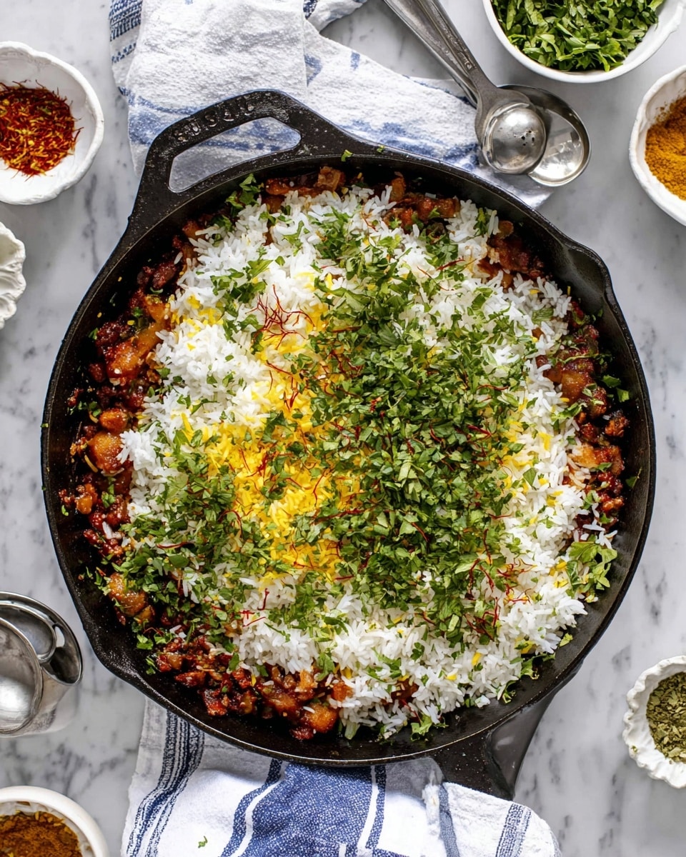 The image shows a black cast iron skillet filled with a rice dish that has about two layers. The bottom layer is a rich, reddish-brown mix with visible chunks of cooked meat and spices. The top layer is white rice with a few patches of bright yellow color, likely from saffron or turmeric. Fresh chopped green herbs are sprinkled unevenly across the top, along with small saffron strands. The skillet rests partly on a white and blue striped cloth on a white marbled surface. Around the skillet, there are small white bowls and metal measuring spoons containing ingredients like more herbs and powders. Photo taken with an iphone --ar 4:5 --v 7