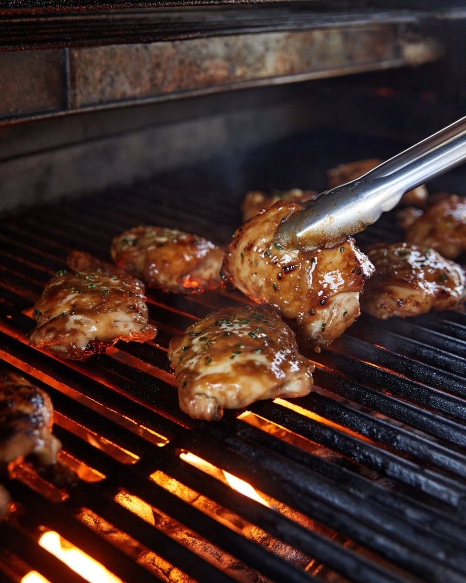 Several pieces of marinated chicken with a glossy light brown color are placed directly on the black grill grates of a barbecue. The chicken pieces have uneven textures with some small bits of herbs on top. Flames and glowing orange embers can be seen beneath the grill, giving a warm glow around the chicken. A silver metal tong held by a woman's hand is picking up one piece of chicken. The background is a dark, worn barbecue interior. photo taken with an iphone --ar 4:5 --v 7