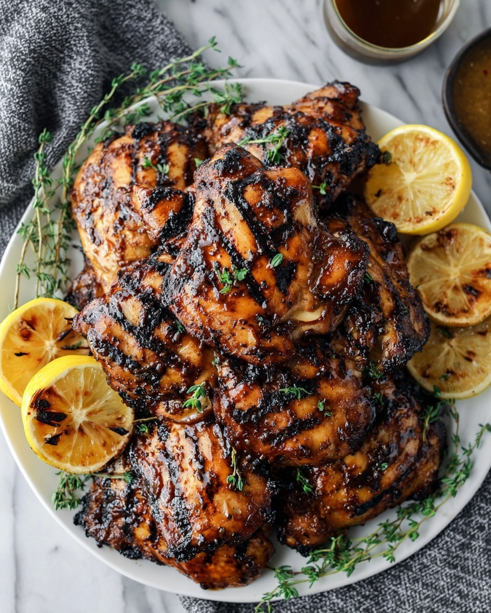 A white plate holds six pieces of grilled chicken thighs stacked unevenly, showing a crispy, dark brown and slightly charred skin with shiny glaze. Bright green small thyme sprigs are scattered on top and between the chicken pieces as garnish. Around the chicken thighs on the plate, there are three bright yellow lemon wedges and one grilled lemon half with caramelized marks. The plate sits on a white marbled surface with a grey cloth partially visible behind it and two small wooden bowls filled with pepper and salt placed nearby. A knife with a black handle rests partly under the plate on the surface. Photo taken with an iphone --ar 4:5 --v 7