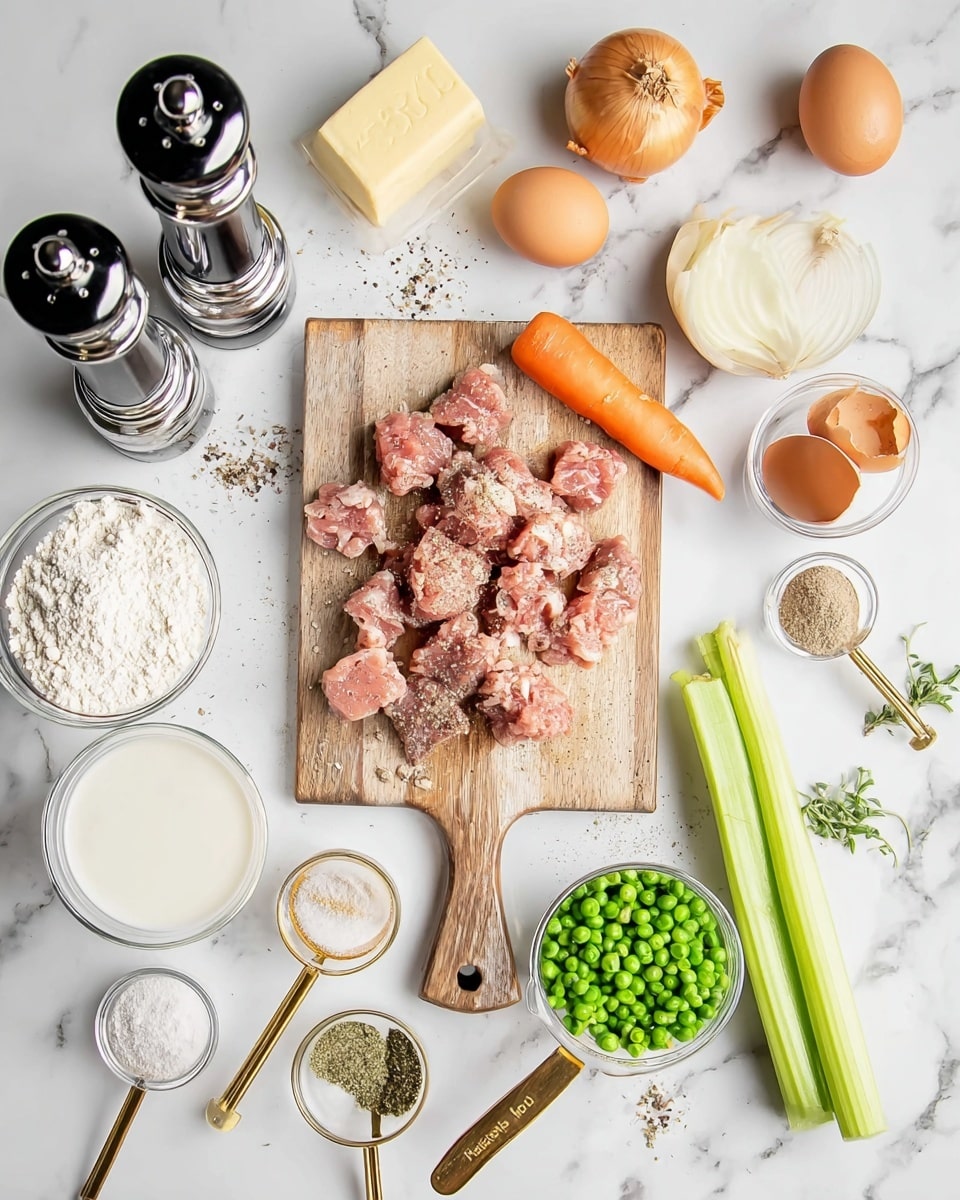 The image shows a wooden cutting board placed in the middle of a white marbled surface, holding a pile of small pieces of raw meat seasoned with black pepper, a whole orange carrot, a green measuring cup filled with green peas, and three light green celery stalks at the bottom. Surrounding the board are several cooking items including two black and clear pepper and salt grinders at the top left, a stick of butter, a yellow onion, three garlic cloves, two brown eggs, and two clear glass containers with white and light brown liquids. Scattered around are gold measuring spoons and cups filled with various powders and spices like flour, salt, and dried herbs. A clear bowl with white powder is on the left side, and a clear glass of milk sits at the bottom right. The items are neatly arranged, creating a clean and bright cooking setup photo taken with an iphone --ar 4:5 --v 7