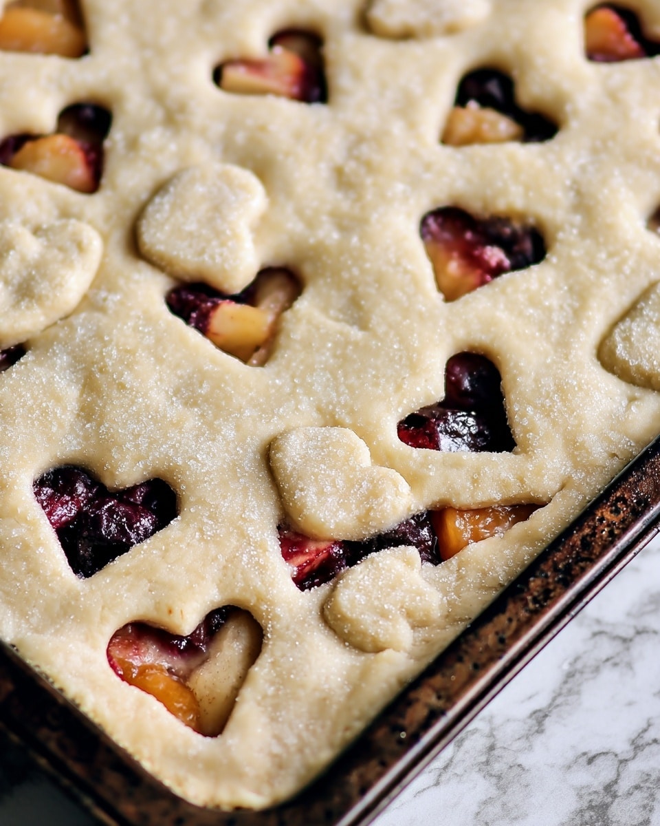 A close-up of a baking tray filled with a pie that has two visible layers. The bottom layer shows a mix of fruit pieces in dark red, purple, and light orange tones. The top layer is a pale dough sheet with heart-shaped cut-outs scattered all over, allowing the fruit filling colors to peek through. Small dough hearts without holes are placed on top of the sheet, creating a textured look. The dough has a rough texture with a light dusting of coarse sugar sparkling in golden color. The tray rests on a surface with a white marbled texture. Photo taken with an iphone --ar 4:5 --v 7