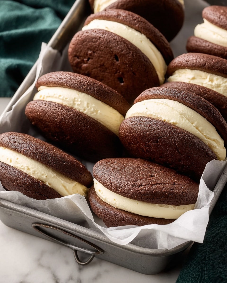 Two chocolate sandwich cookies sit on a white marbled surface. Each cookie has two dark brown round layers with a rough texture. Between these layers is a light beige creamy filling. The top cookie layer is covered halfway with shiny melted dark chocolate that drips down the sides and is decorated with thin lines of chocolate drizzle across the top. More chocolate drizzle is scattered on the surface around the cookies. Photo taken with an iphone --ar 4:5 --v 7