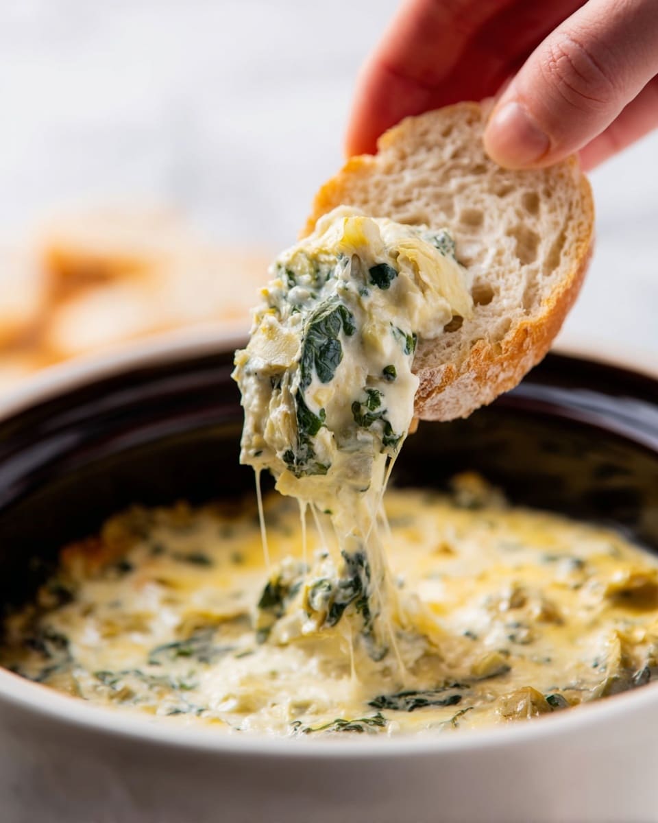 A close-up shows a woman's hand holding a piece of bread that is light brown and crusty on the outside with a soft, porous interior. The bread has a creamy dip on it, which is light yellow with green spinach bits and small chunks of artichoke. There are thin, melted cheese strands stretching from the bread back to a deep white bowl filled with the creamy dip, which has a smooth and thick texture. The bowl sits on a white marbled surface, and the background is softly blurred. photo taken with an iphone --ar 4:5 --v 7