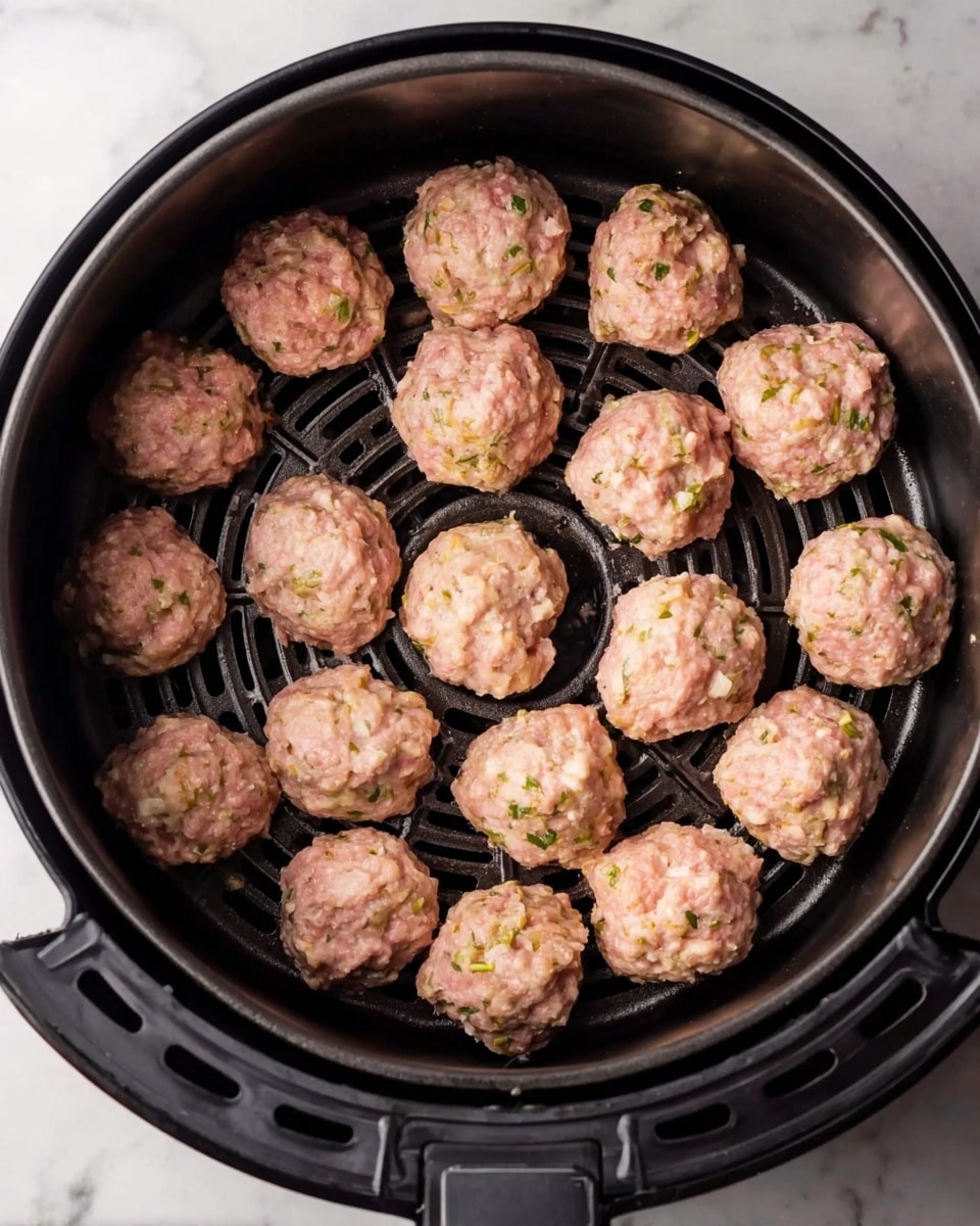 The image shows a round black air fryer basket filled with 18 raw meatballs arranged evenly in a single layer. Each meatball is light pink with small bits of green herbs and white onions visible, giving a slightly rough texture. The air fryer basket has a slotted bottom with circular openings and a raised edge. The background is a white marbled surface. photo taken with an iphone --ar 4:5 --v 7
