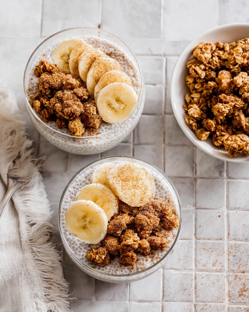 Two glass bowls hold layers of white chia pudding, topped with three slices of pale yellow banana each, lightly dusted with brown cinnamon powder. Alongside the banana slices, clusters of golden brown granola with a crunchy texture are placed on the pudding. To the right side, a white bowl is filled with more granola pieces. The scene is set on a white marbled surface with subtle gray tile lines and a white cloth with fringed edges at the lower left corner. Photo taken with an iphone --ar 4:5 --v 7