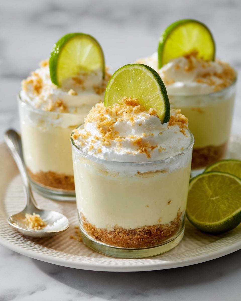 Three small clear glass cups filled with a layered dessert sit on a white scalloped plate. Each cup has a base layer of crumbly light brown crust, topped by a thick pale yellow creamy layer. Above that is a fluffy white layer of whipped cream, sprinkled with more brown crumbs. A thin, round lime slice is inserted at the edge of the whipped cream on each cup. On the plate beside the cups are four thin lime slices arranged overlapping. The scene is set on a white marbled texture. photo taken with an iphone --ar 4:5 --v 7