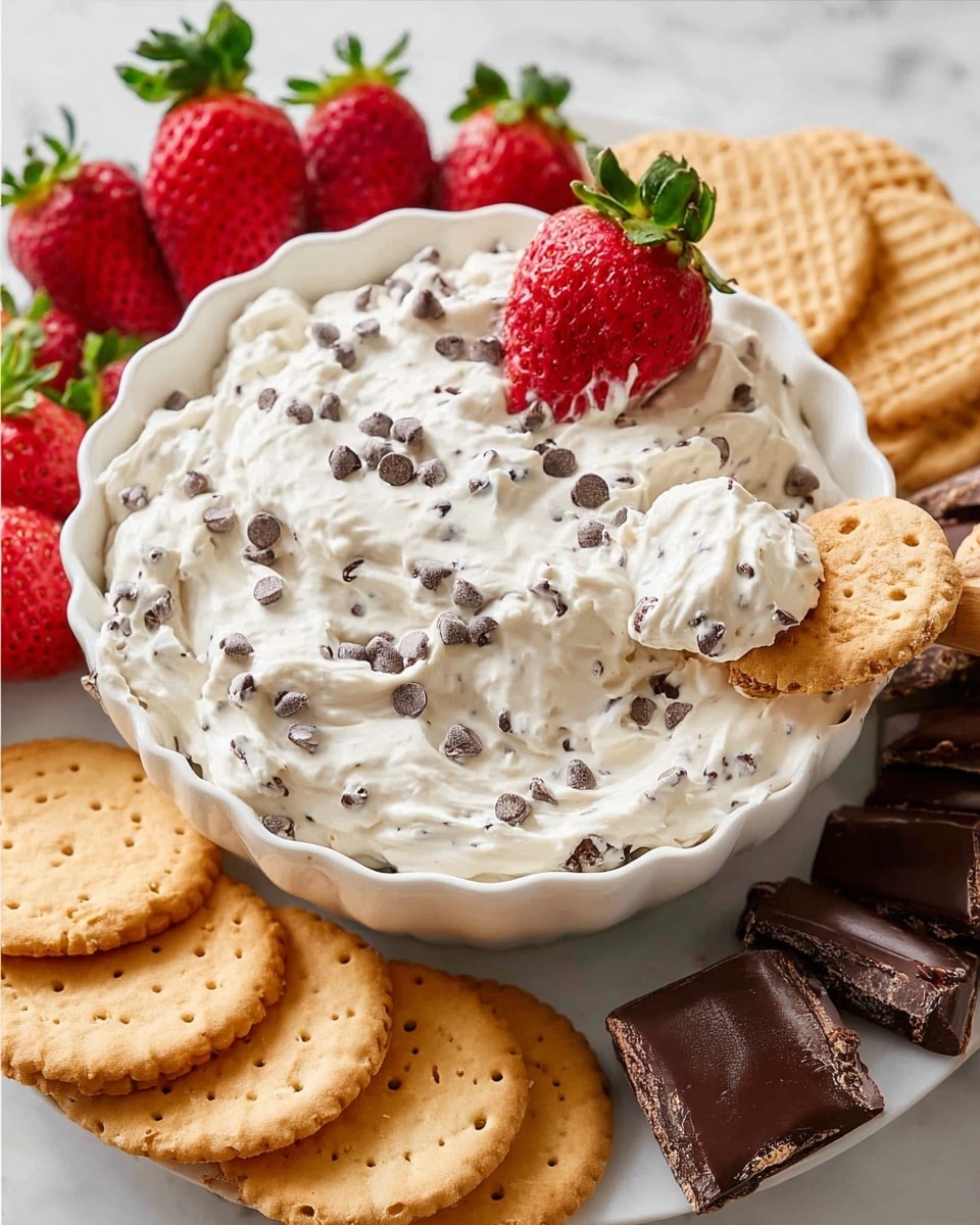 A white scalloped bowl filled with creamy white dip mixed with small dark chocolate chips sits at the center. Around the bowl, there are several golden waffle-like round crackers fanned out on the left side, bright red strawberries with green leaves scattered on the left and top right edges, and a neat row of chocolate-topped square cookies on the bottom right. One waffle cracker is partly dipped into the creamy chocolate chip mixture with a fresh strawberry placed on top of the edge. The whole scene is set on a white marbled surface. photo taken with an iphone --ar 4:5 --v 7