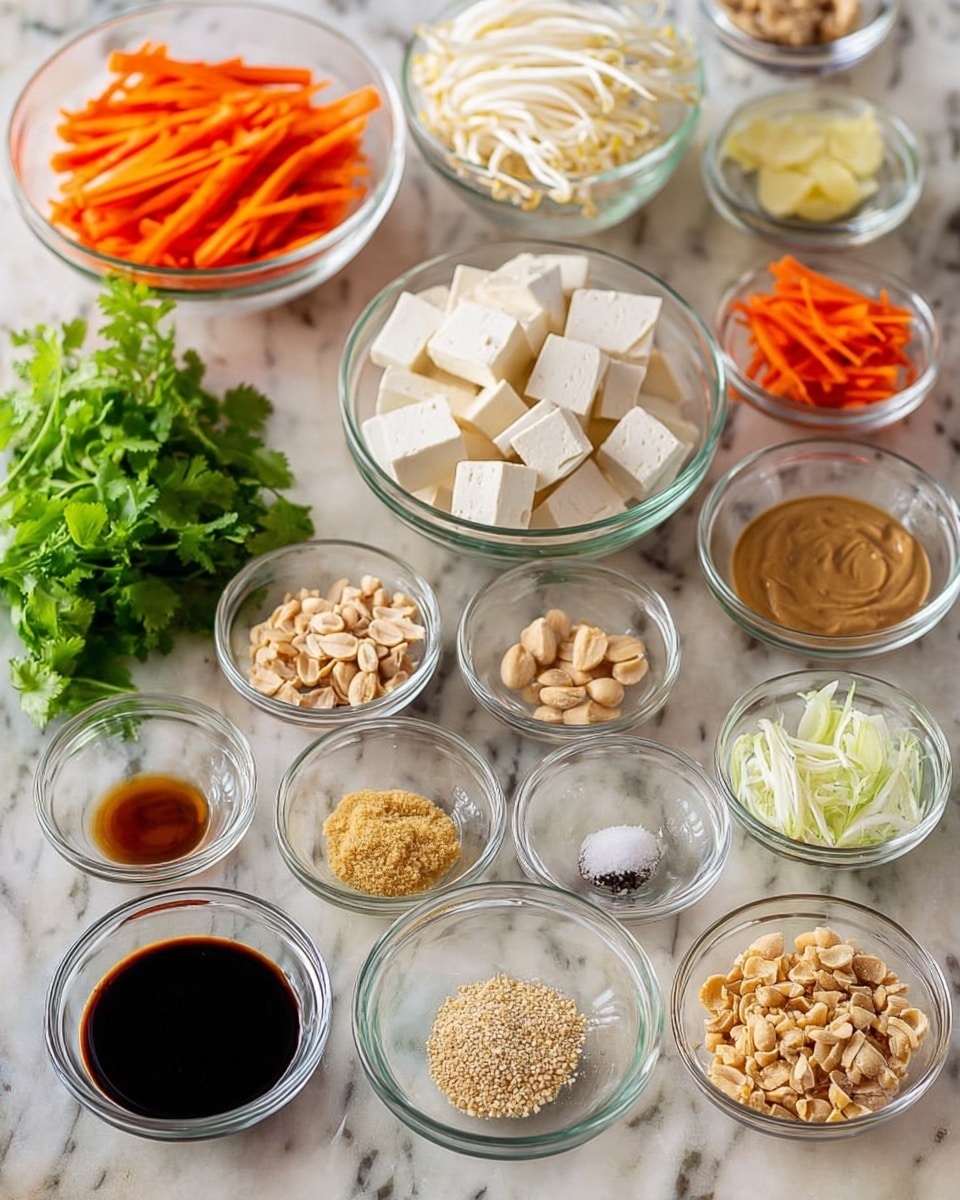 The image shows many small clear glass bowls placed on a white marbled surface, each holding different ingredients. There are larger bowls with cubed white tofu, thin orange carrot sticks, white chicken strips, and white bean sprouts, while smaller bowls contain crushed peanuts, light brown sugar, smooth peanut butter, dark soy sauce, light brown liquid, clear liquid, minced garlic, black pepper, and white salt. Fresh green cilantro leaves are on the far left side. The items are arranged neatly in rows, showcasing a variety of colors and textures, mostly light and natural tones, in an orderly manner. photo taken with an iphone --ar 4:5 --v 7
