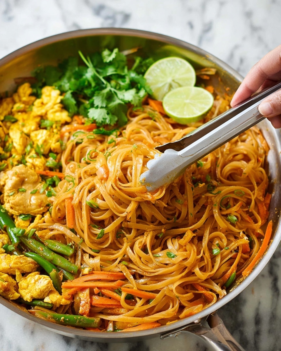 A close-up of a large silver pan filled with stir-fried noodles, showing about four layers: the bottom layer has orange-brown sauced noodles mixed with thin strips of light orange carrots, next a layer of golden-yellow scrambled egg pieces scattered evenly, then a mix of green vegetables, including green beans, and finally bright green cilantro leaves and lime slices on top near the edge. A pair of metal tongs held by a woman's hand are picking up a bundle of noodles with some egg and carrot pieces. The background is a white marbled surface. Photo taken with an iphone --ar 4:5 --v 7