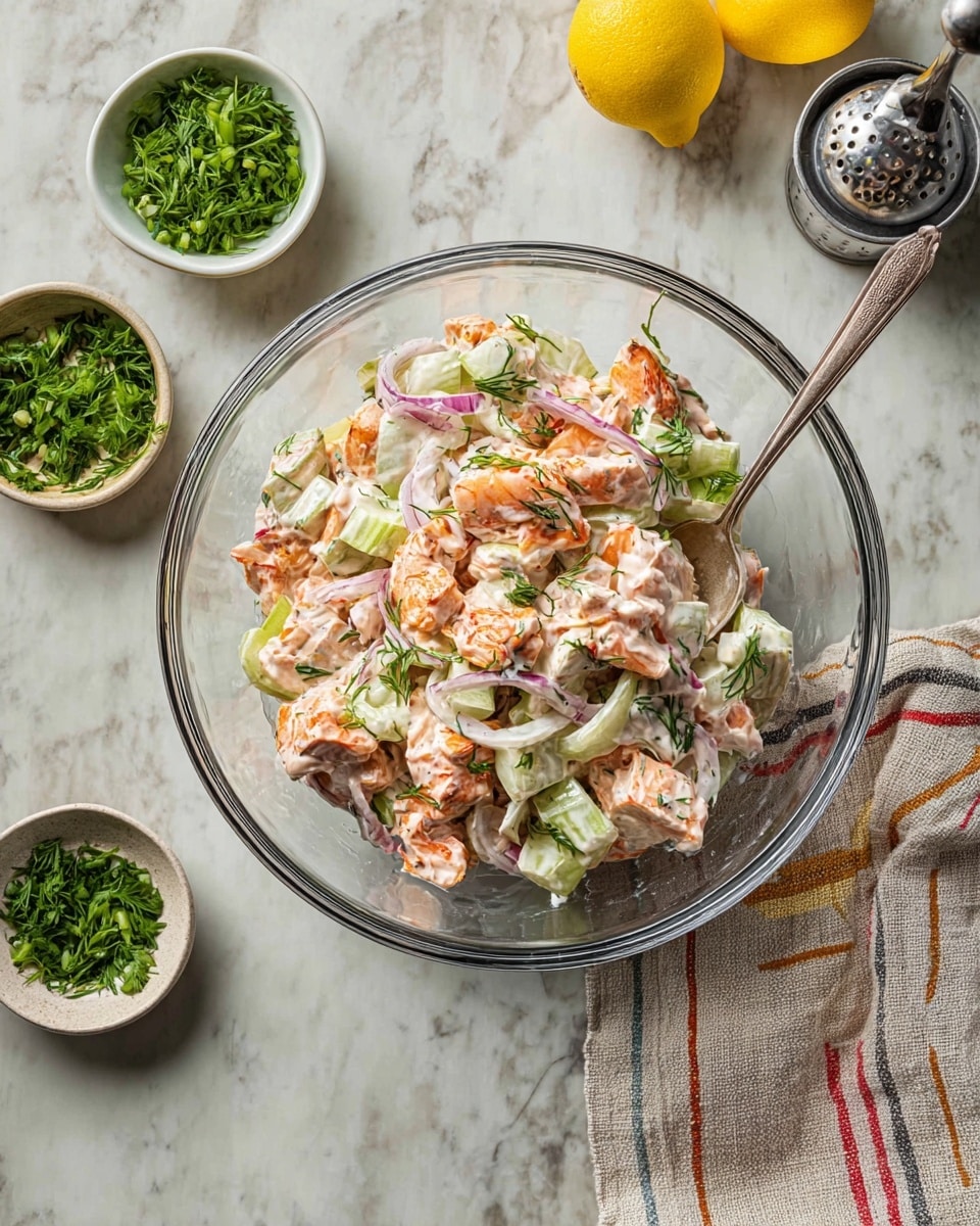 A clear glass bowl holds a creamy salad with three main layers: chunks of pink-orange seafood with grill marks, thin white onion slices, and small pieces of green celery mixed with fresh green herbs, all coated in a white creamy dressing with small green flecks. A silver spoon rests inside the bowl, placed partly on top of the salad. Around the bowl, there are small white bowls filled with chopped green herbs, a bright yellow lemon on a silver juicer, and a striped cloth on a white marbled surface. photo taken with an iphone --ar 4:5 --v 7