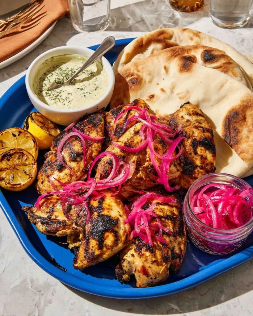 Grilled Chicken Thighs with Sumac, Pickled Onions, and Charred Lemon Recipe