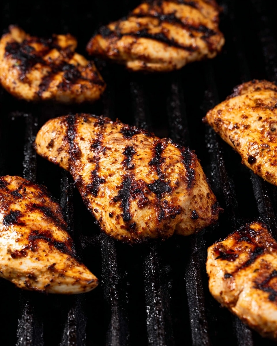 Close-up of several pieces of grilled chicken on black grill bars. Each piece has a golden light brown color with dark brown char marks and some burnt edges, showing a textured and slightly shiny surface from the cooking process. The chicken pieces are uneven in shape and thickness, scattered across the grill with varying grill marks. The background is the dark grill with a slight charred look. photo taken with an iphone --ar 4:5 --v 7