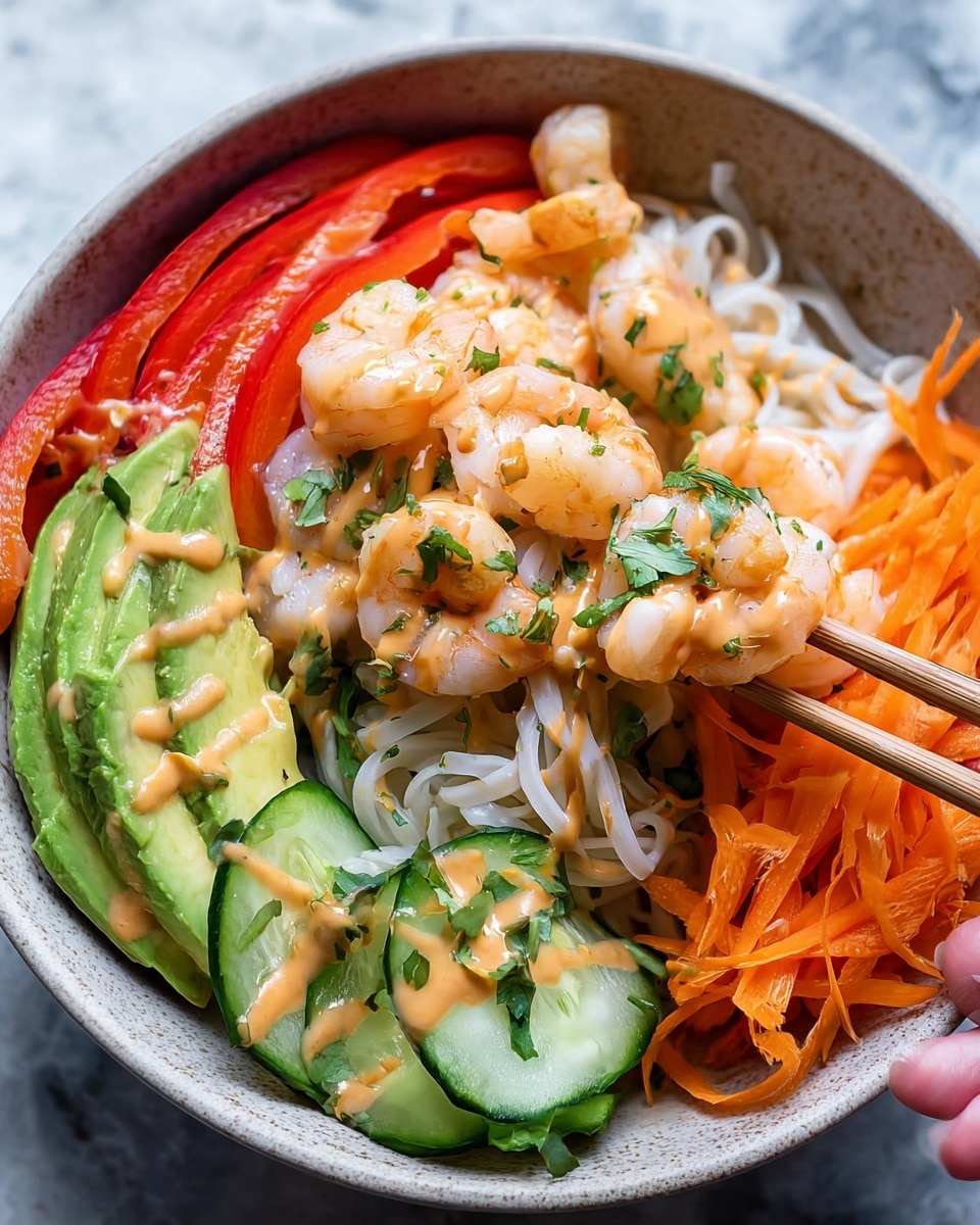 A white bowl on a white marbled surface holds a colorful dish with several layers. The bottom layer is white noodles, partly picked up by wooden chopsticks held by a woman's hand. On top of the noodles are white and pink shrimp coated with a light orange sauce and sprinkled with small green herb pieces. To the left, thin red bell pepper strips add bright color beside the creamy light green avocado slices with the same sauce drizzled on them. At the bottom, light green cucumber slices contrast with shredded orange carrots on the right, both topped with the orange sauce and green herbs. photo taken with an iphone --ar 4:5 --v 7