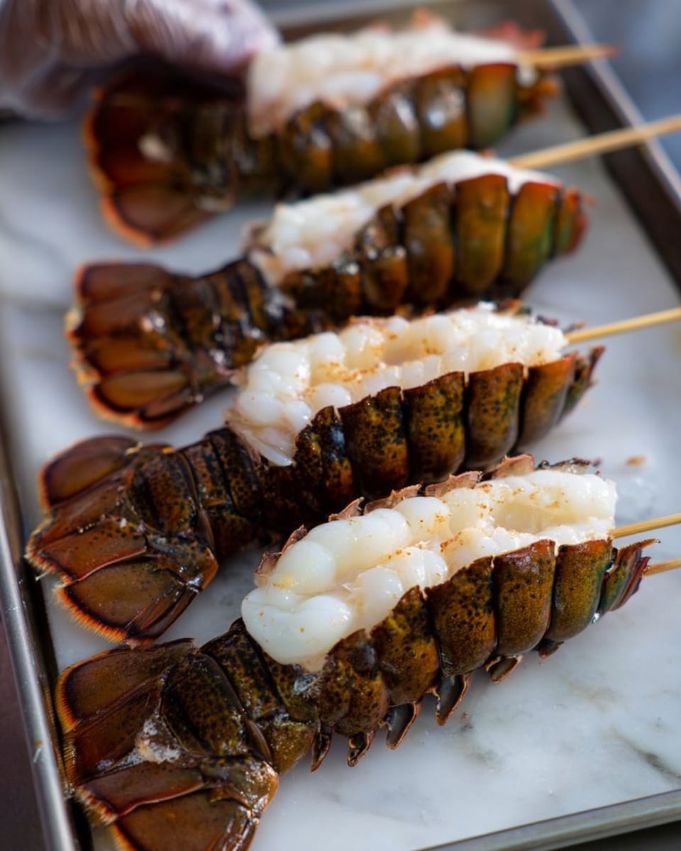 Four raw lobster tails are lined up on a white marbled tray, each split down the middle to reveal thick, white lobster meat inside. The lobster shells are dark brown with hints of green and orange, showing a rough texture, and the tails have visible segment lines. Each tail is partly held open by a wooden skewer running horizontally. The lobster meat appears fresh and slightly shiny with a few light specks of seasoning on top. In the background, a woman's hand is gently holding one lobster tail. Photo taken with an iphone --ar 4:5 --v 7