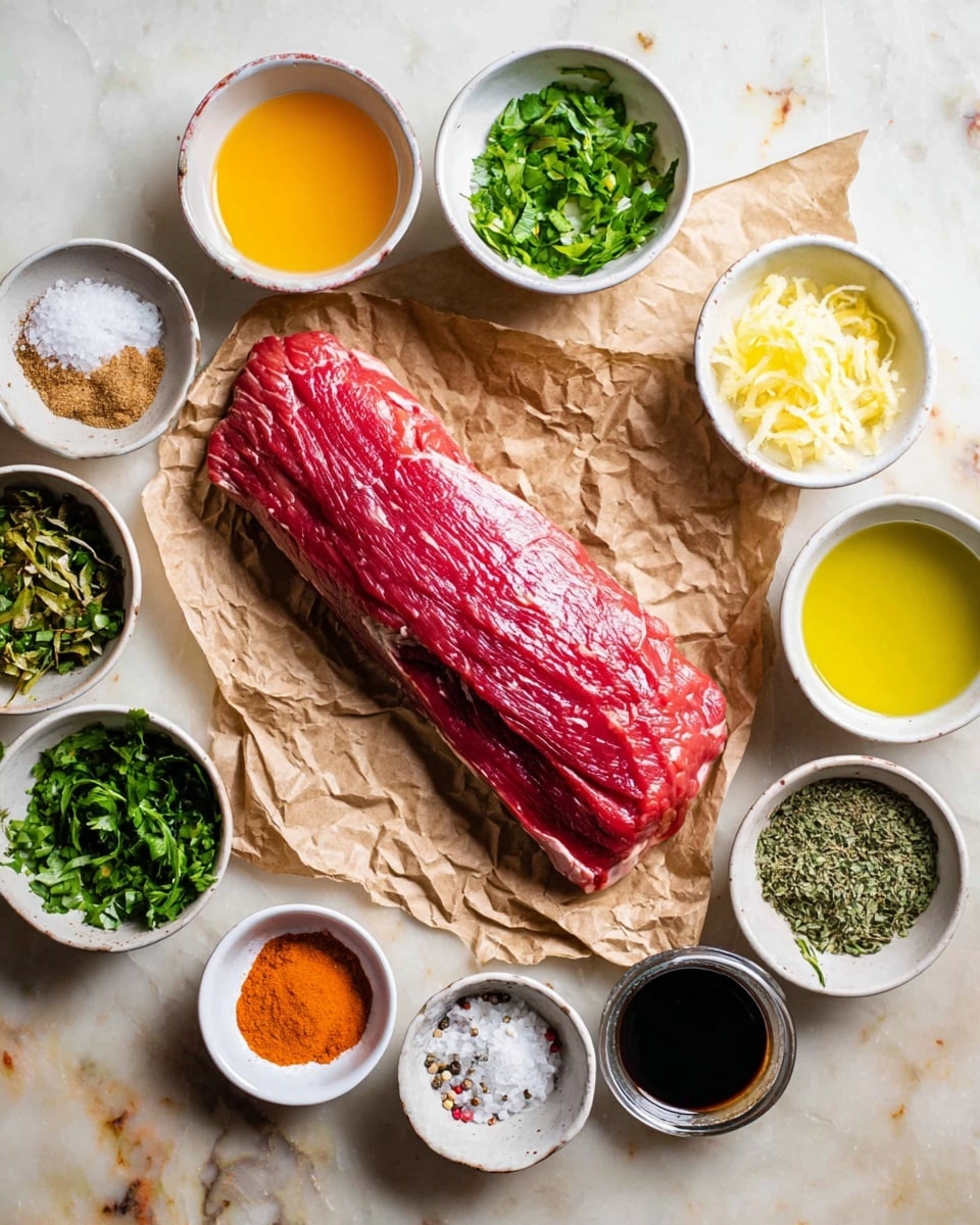 A long, red piece of raw meat lies centered on crumpled brown paper, surrounded by small white bowls of various ingredients arranged in a rough circle on a white marbled surface. Starting from the top right and moving clockwise, there is a small bowl of light yellow grated substance, a small bowl of bright green chopped herbs, a white bowl filled with yellow-orange liquid, a slightly larger bowl with chopped green leaves, another small white bowl with pale yellow liquid, a small bowl with bright orange zest, a small bowl with white crystalline salt, a small bowl containing brown and yellow spices, a small bowl with reddish-orange powder, a small bowl with dark green dried herbs, and a small bowl of dark soy sauce-like liquid. The image shows a clean and organized setup of ingredients ready for cooking, with soft lighting. Photo taken with an iphone --ar 4:5 --v 7