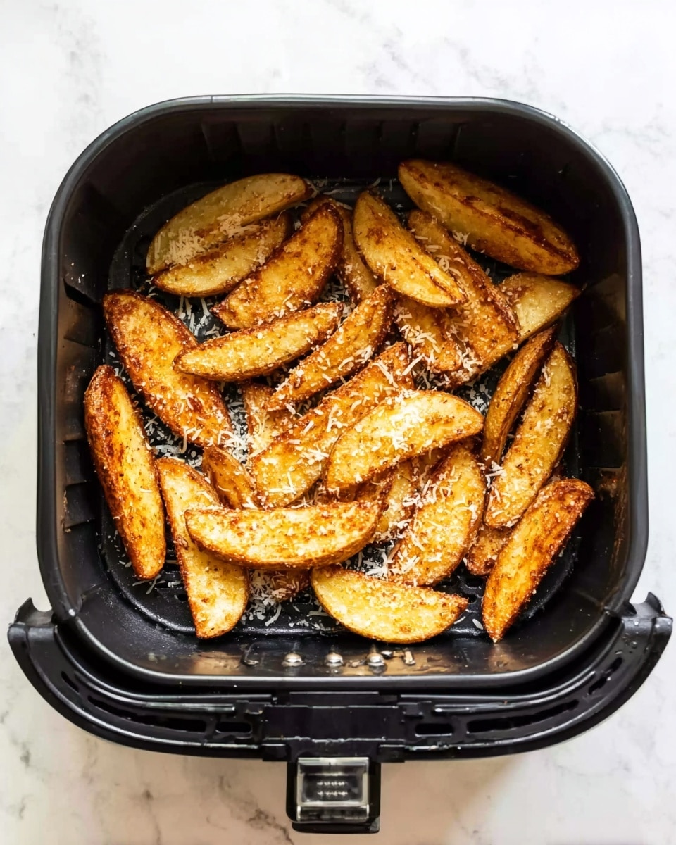 Inside a black air fryer basket, there are two layers of golden-brown potato wedges spread out evenly. The wedges have crispy, slightly rough textures with a few darker brown spots showing where they are well cooked. Some sprinkled grated cheese melts softly on top, adding a light creamy white contrast. The air fryer basket sits on a white marbled surface, and the photo is taken from above, capturing the entire basket and the potato wedges inside. photo taken with an iphone --ar 4:5 --v 7