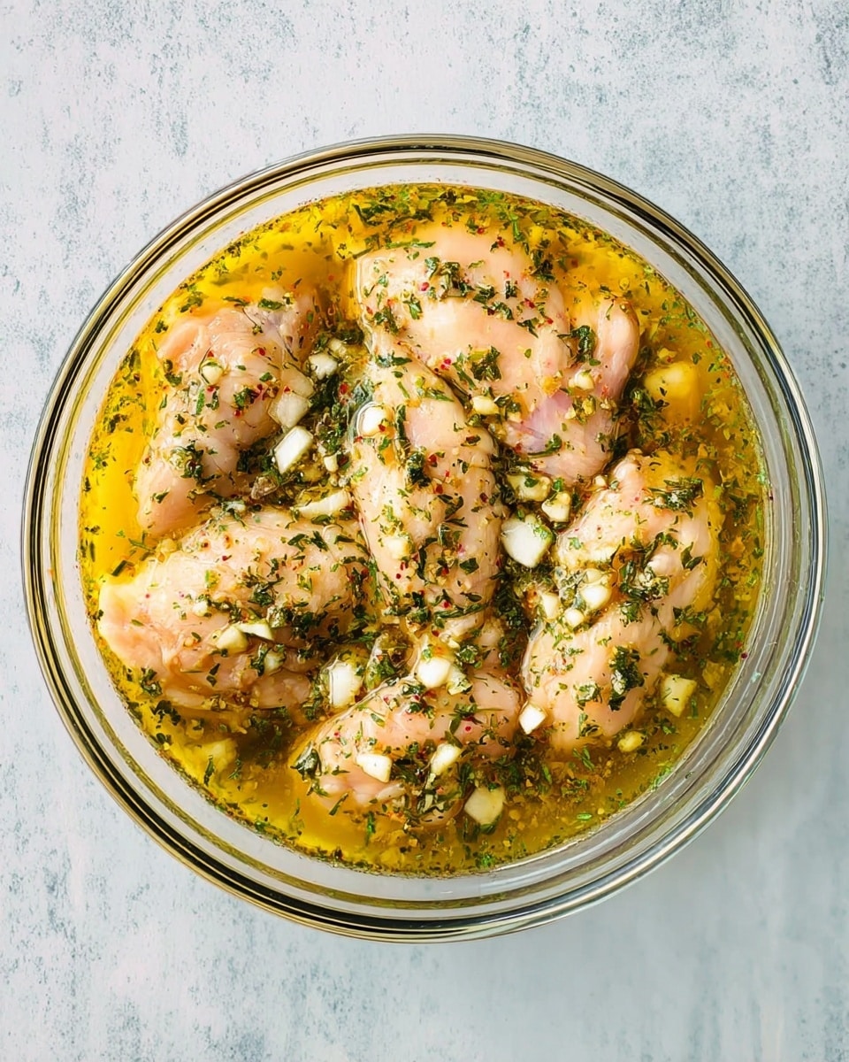 A clear glass bowl filled with several pieces of pale raw chicken submerged in a yellowish marinade. The marinade has green herbs and small white chunks spread evenly on top and around the chicken. The bowl is placed on a white marbled surface. The chicken pieces appear smooth and moist, with the herbs adding texture and color contrast. photo taken with an iphone --ar 4:5 --v 7