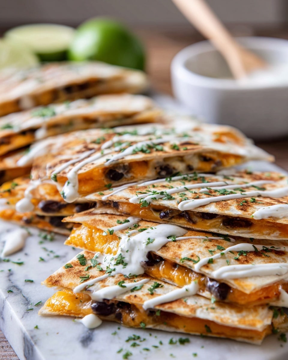 The image shows several quesadilla triangles stacked together on a white marbled textured surface. Each quesadilla has two layers of lightly toasted, golden tortillas with melted orange cheese and dark beans inside, visible at the edges. On top, a creamy white sauce is spread in varying diagonal lines across the quesadillas, sprinkled with chopped green herbs. In the blurry background, there is a blurred white bowl with a wooden spoon and a lime half. The focus is mainly on the front quesadilla pieces, showing their texture and toppings clearly. Photo taken with an iphone --ar 4:5 --v 7