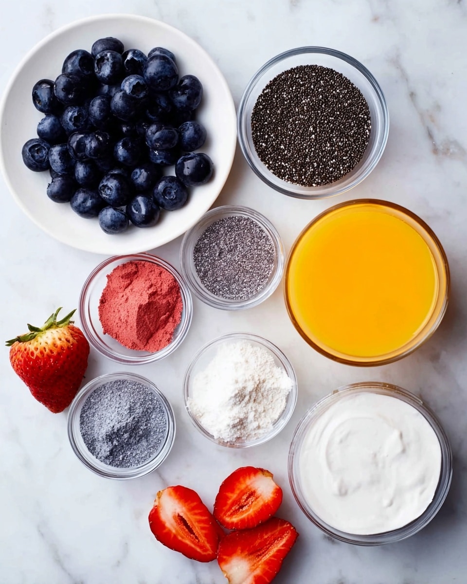 The image shows a top view of multiple small glass bowls arranged on a white marbled surface. The largest white plate on the top left is filled with dark blue blueberries. To the top right of the blueberries is a glass bowl with tiny black chia seeds. Below the blueberries, there are three smaller bowls with different colored powders: dark gray, pinkish red, and white. To the right of the powders is a bowl of bright orange liquid, likely juice or puree. Below the powders and juice, there are three more bowls containing white creamy or powdered ingredients. There are a few sliced strawberries scattered near the bowls, adding bright red and green accents to the arrangement. The overall scene is neat and clean, with vibrant natural colors standing out on a white marbled surface photo taken with an iphone --ar 4:5 --v 7