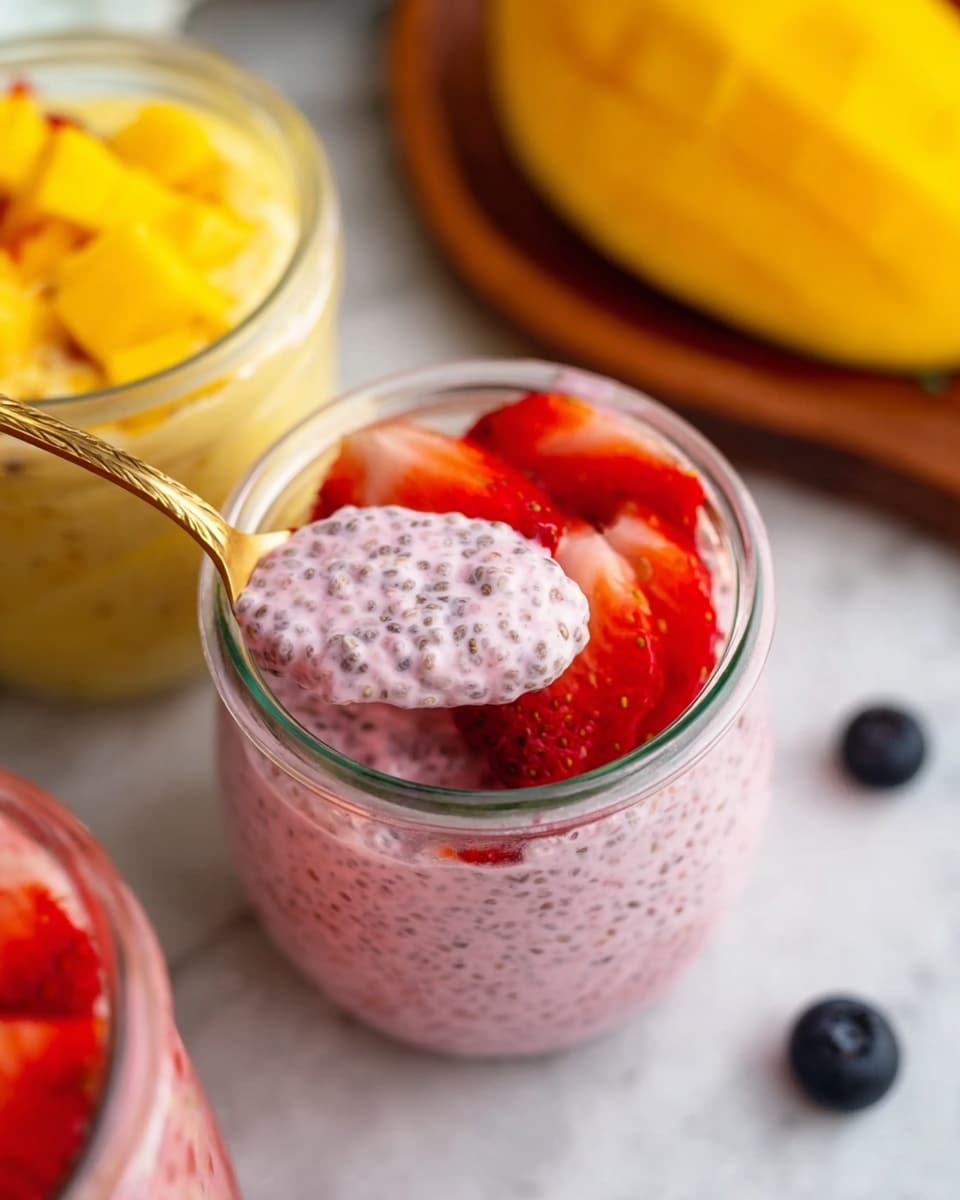The image shows a close-up of a glass jar filled with two visible layers: the bottom layer is light pink with tiny dark chia seeds mixed throughout, giving it a creamy and speckled texture, and the top layer features fresh, sliced bright red strawberries arranged over the pink chia mixture. A golden spoon scoops some of the pink chia mixture and strawberry slices from the jar, held near the jar opening. In the background, another glass jar with a yellow chia pudding topped with diced mango pieces sits on a white marbled surface, with a whole mango placed on a wooden board slightly blurred on the right side. A few blueberries are scattered on the white marbled surface around the jar. Photo taken with an iphone --ar 4:5 --v 7