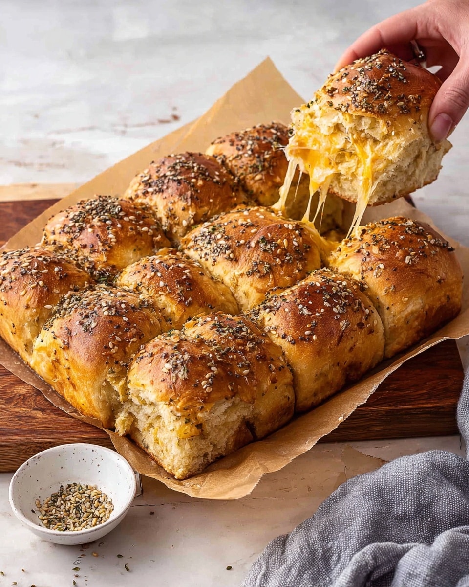 The image shows a square pull-apart bread made of nine soft, golden brown rolls topped with mixed seeds and herbs, giving a textured look. Each roll is round and slightly shiny, with a crisp crust spotted with darker toasted areas. Inside, the bread has two main layers: a light, fluffy bread layer and a melted yellow cheese layer that stretches attractively as a piece is pulled away by a woman's hand from the top left corner. The bread sits on brown parchment paper placed on a wooden board, all on a white marbled surface. Nearby, a small white bowl with more seeds is visible and a gray cloth is partially shown on the right side. Photo taken with an iphone --ar 4:5 --v 7