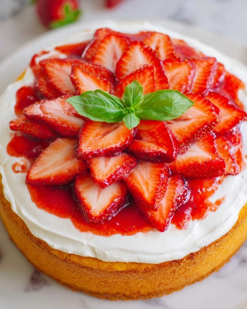 A round cake with a golden-brown base layer on the bottom, topped with a thick layer of white cream spread evenly. On top of the cream, a layer of red strawberry sauce is spread, followed by a layer of halved fresh strawberries arranged in a flower shape, showing their red and white inside. At the center of the strawberry flower, a small green basil leaf adds a fresh touch. The cake sits on a white marbled surface. Photo taken with an iphone --ar 4:5 --v 7